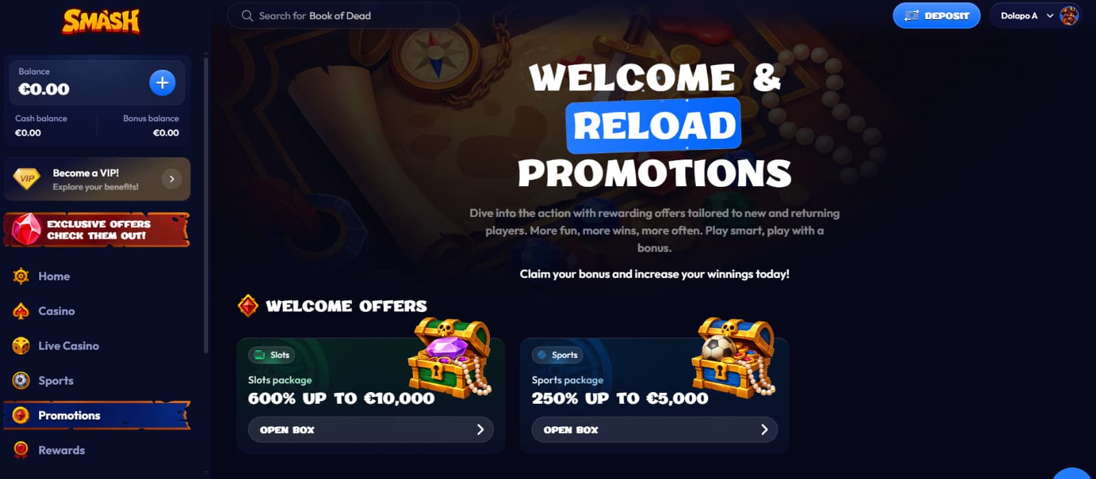 Smash Casino promotions page displaying welcome offers with slots and sports packages up to €10,000 and €5,000 respectively
