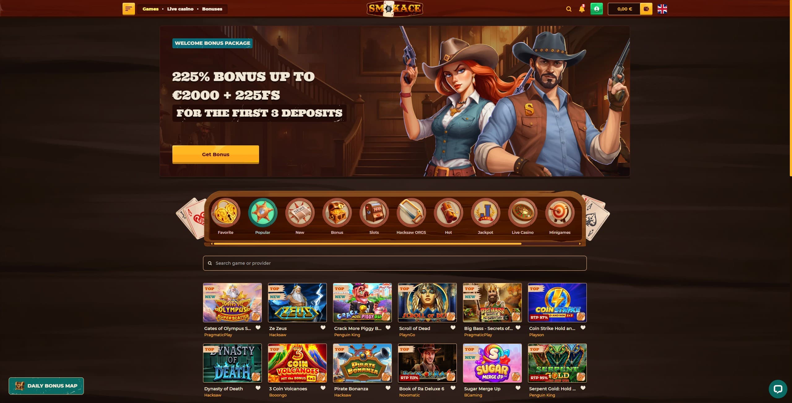 Smokeace Casino Games Page showing a selection of slot games