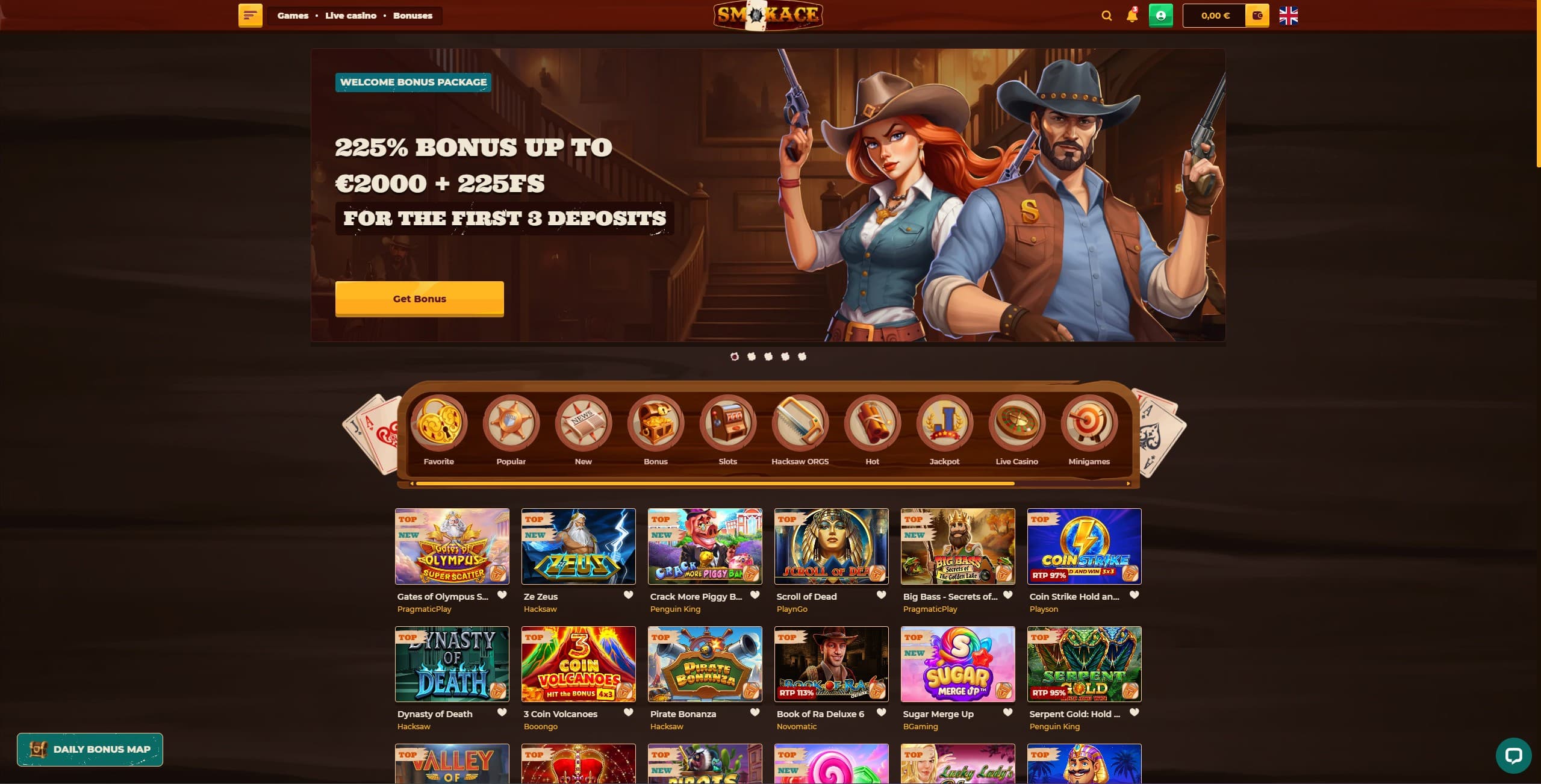 Smokeace Casino Landing Page showing a selection of games and the welcome bonus offer
