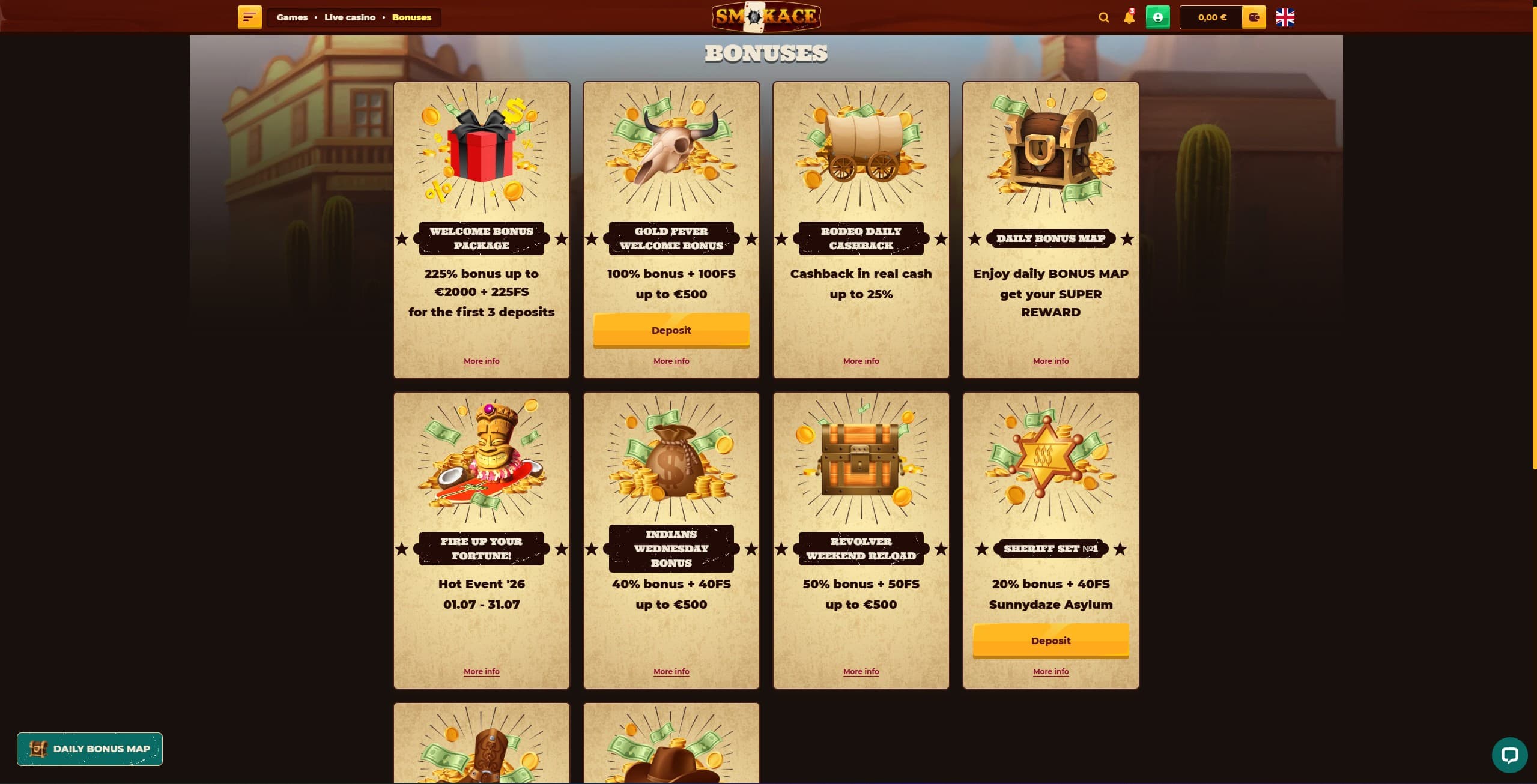 Smokeace Casino Promotions Page showing the available bonuses and promotions
