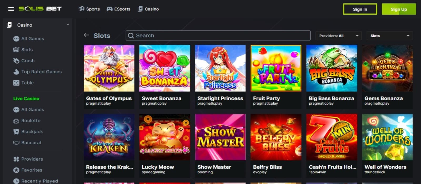 SolisBet Casino games page with the colorful slot game icons and left side navigation menus