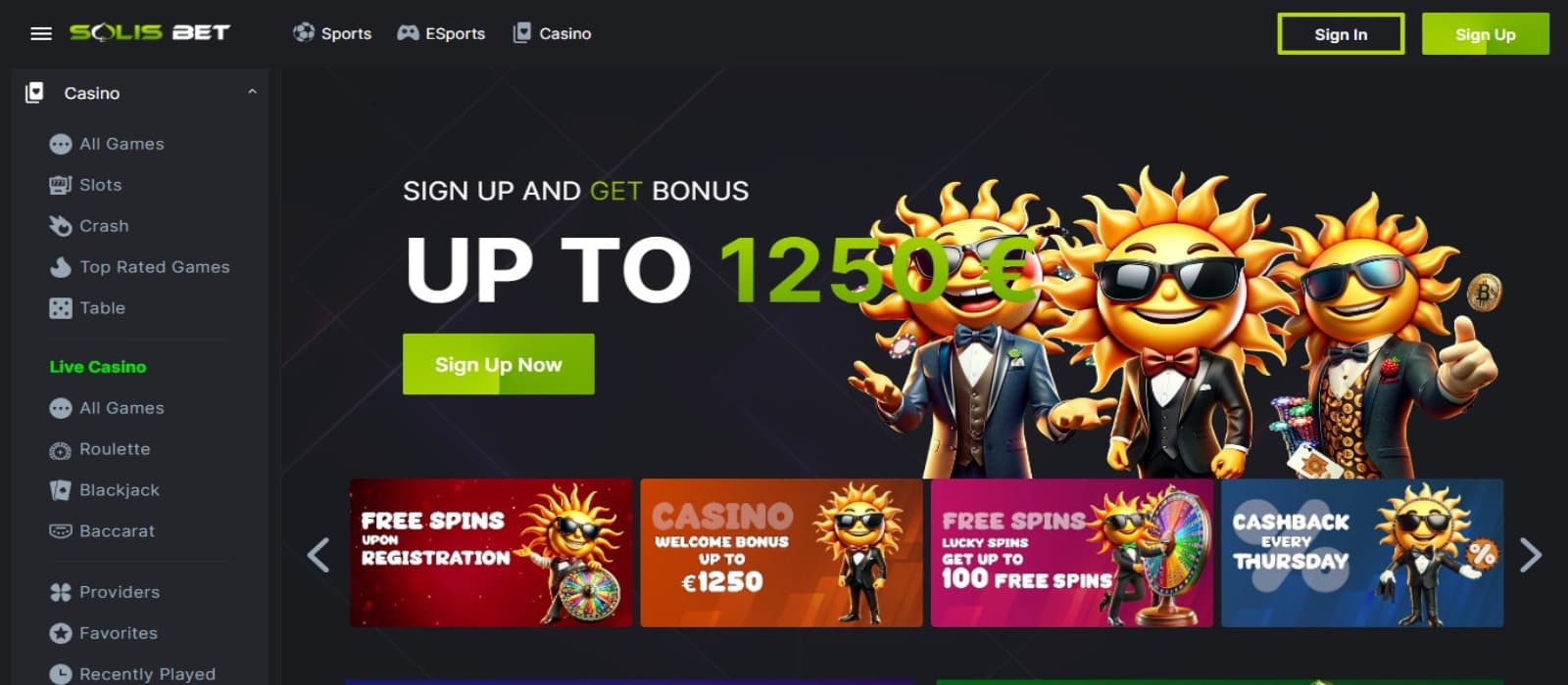 SolisBet Casino landing page with the welcome bonus offer banner and other bonus offer banners with the left side navigation menus
