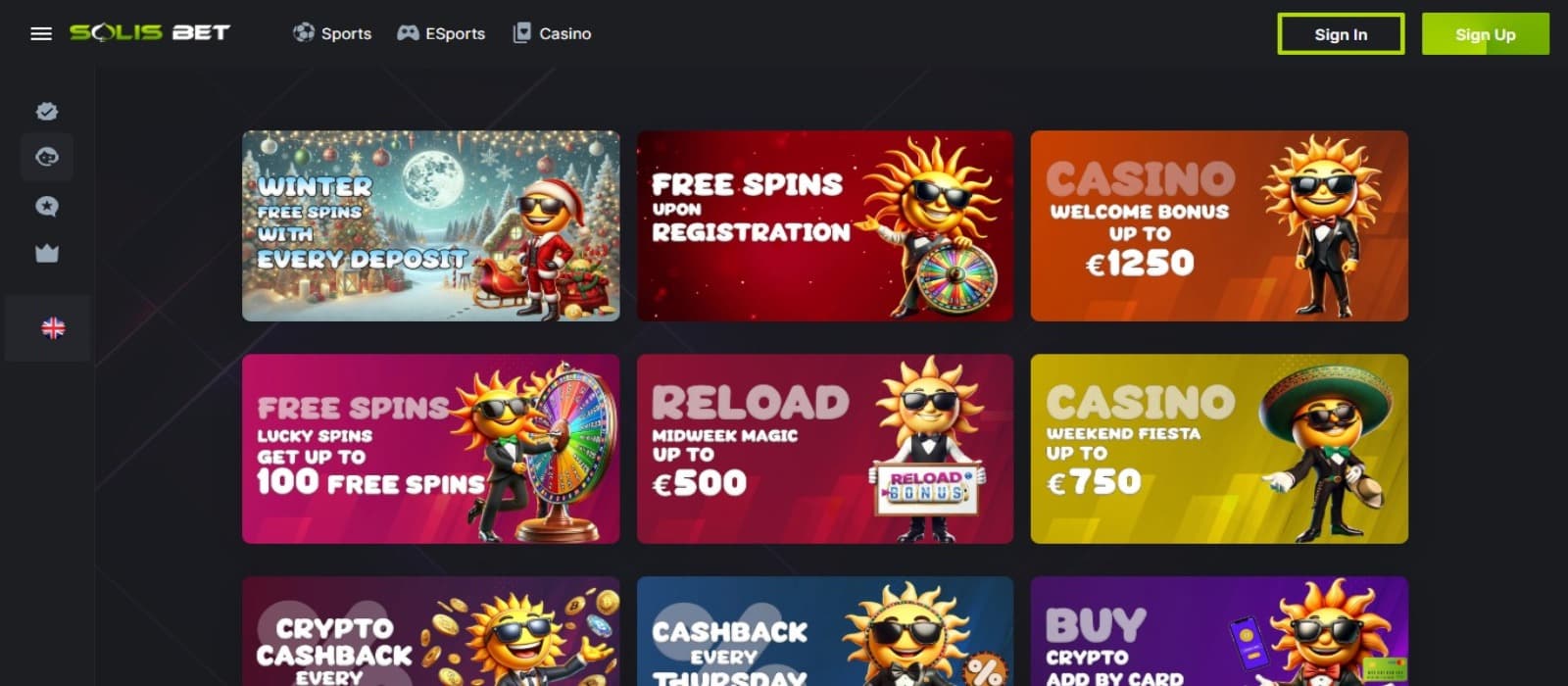 SolisBet Casino promotions page with the various bonus offer banners and left side navigation menu symbols