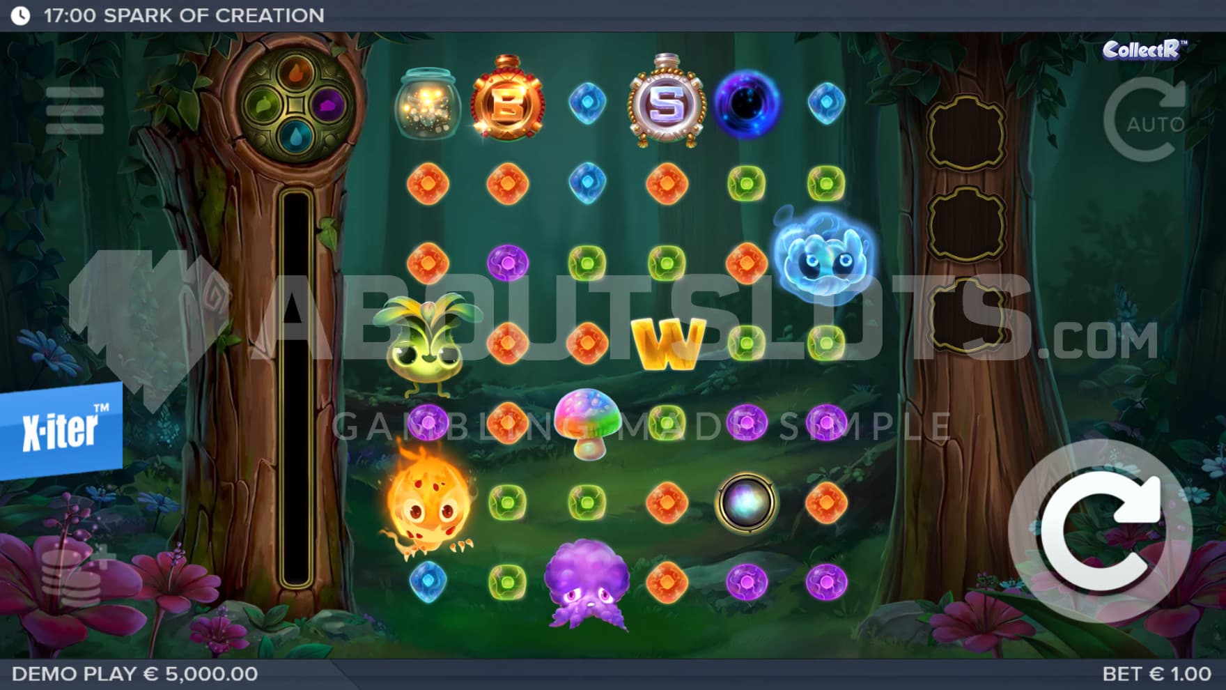 The creatures are spread out over the playing grid, collecting paying symbols and evolving as you play