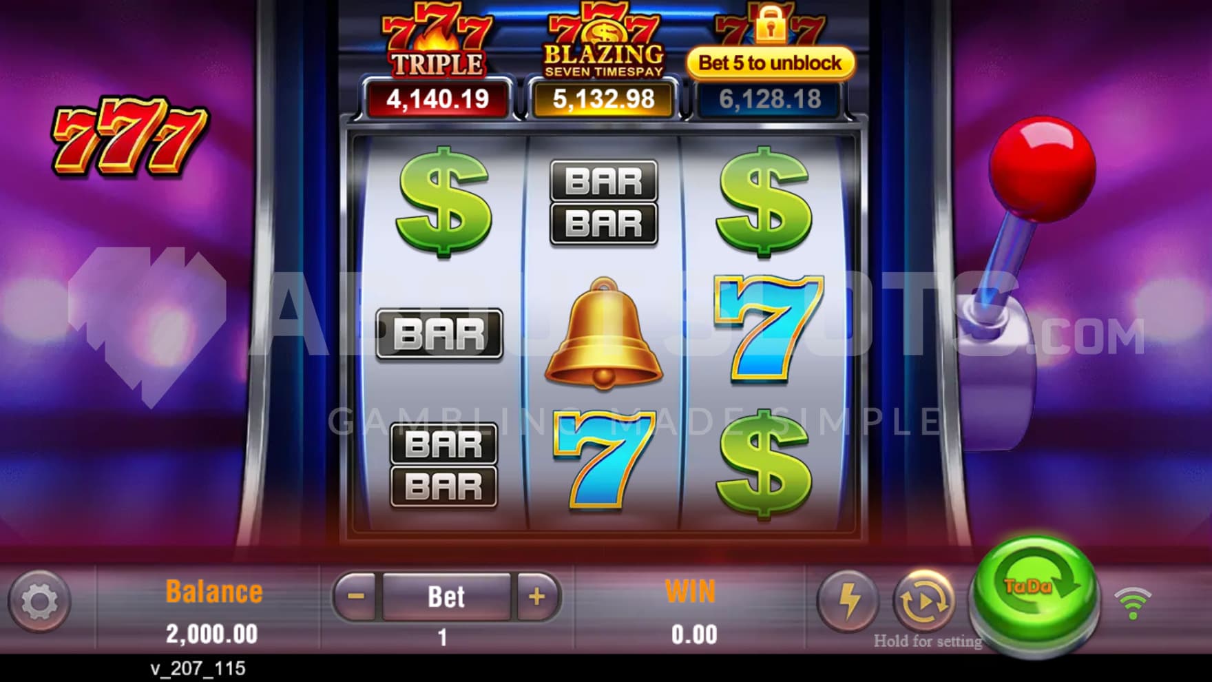 The playing grid is built up as a one-armed bandit casino machine