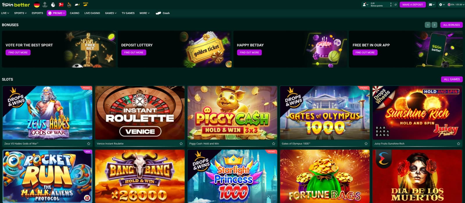 SpinBetter Casino landing page showing the main menu, featured bonuses, and highlighted slot games for quick access.