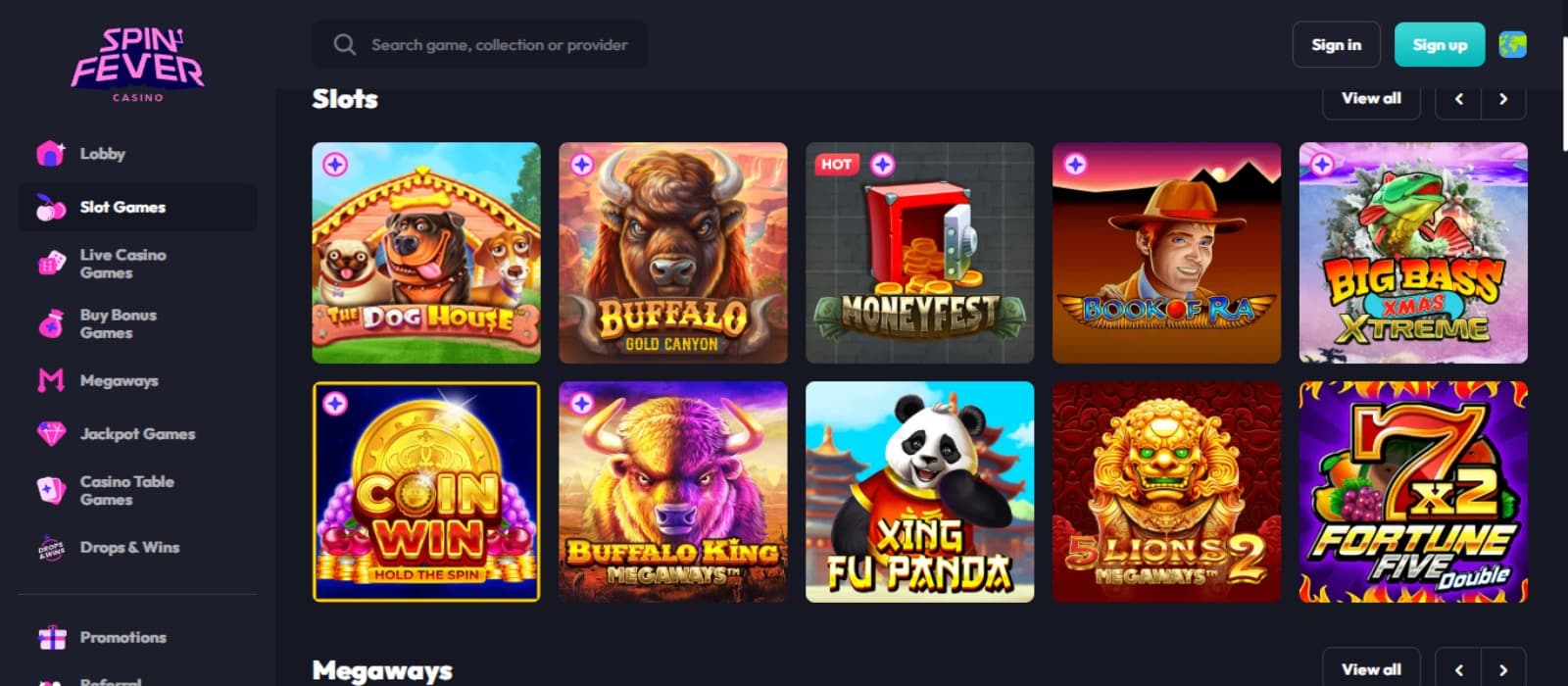 SpinFever Casino games page with the colorful slot game icons, casino navigationa menus and game filtering options