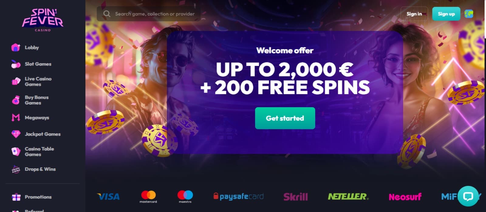 SpinFever Casino landing page with the welcome bonus offer banner displaying a man and a young woman, side navigational panel and banking channels names below