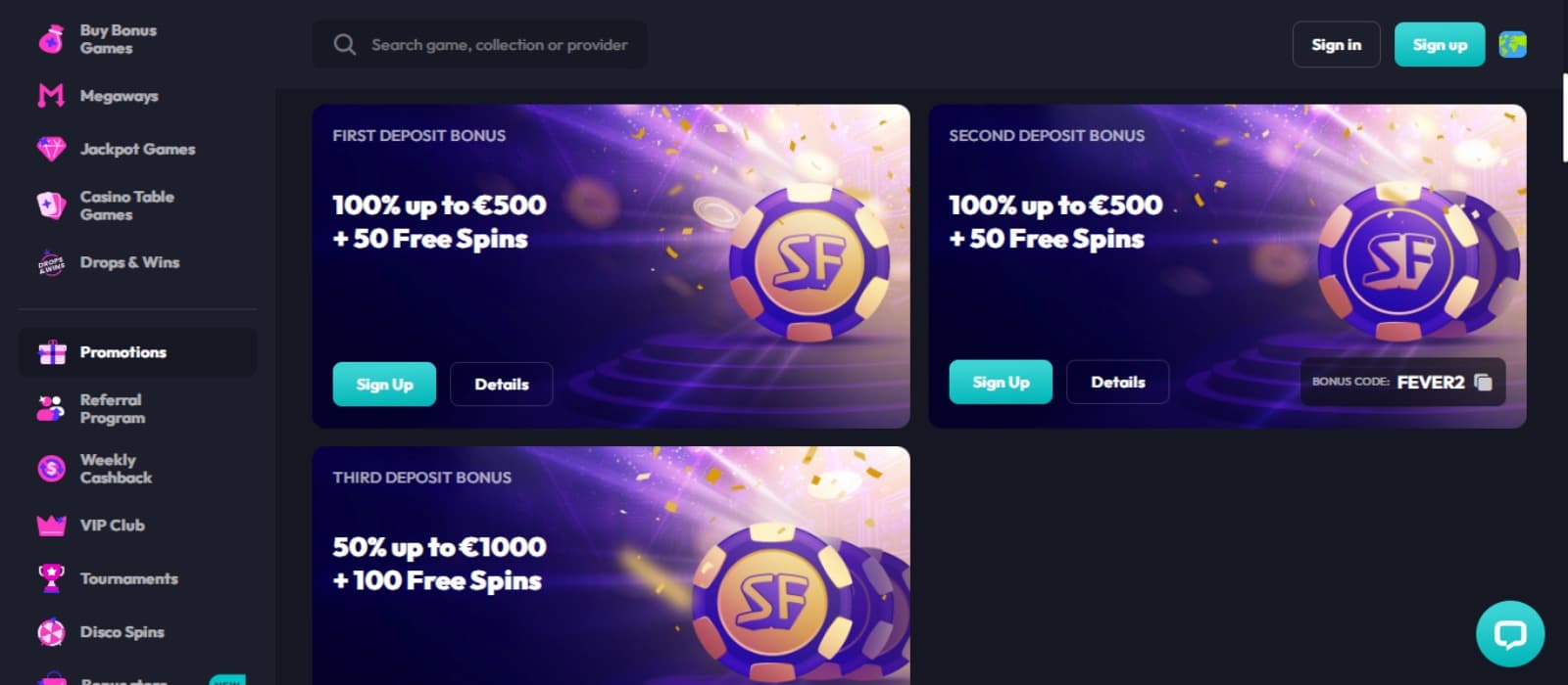 SpinFever Casino promotions page with the welcome bonus offer banners for first three deposits, and side navigational menus