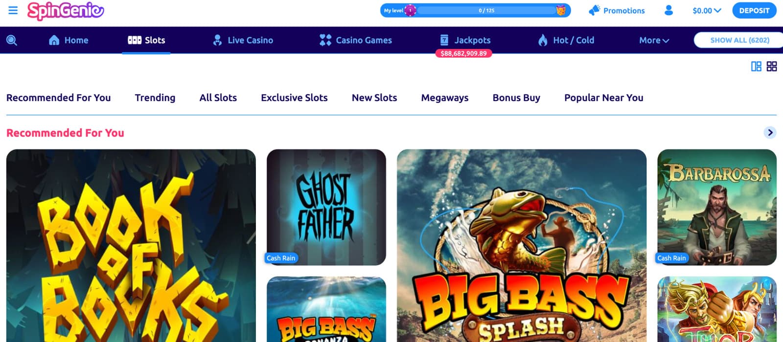 SpinGenie Casino slots page showing recommended games and filters for Trending, Exclusive Slots, New Slots, Megaways, and Bonus Buy.