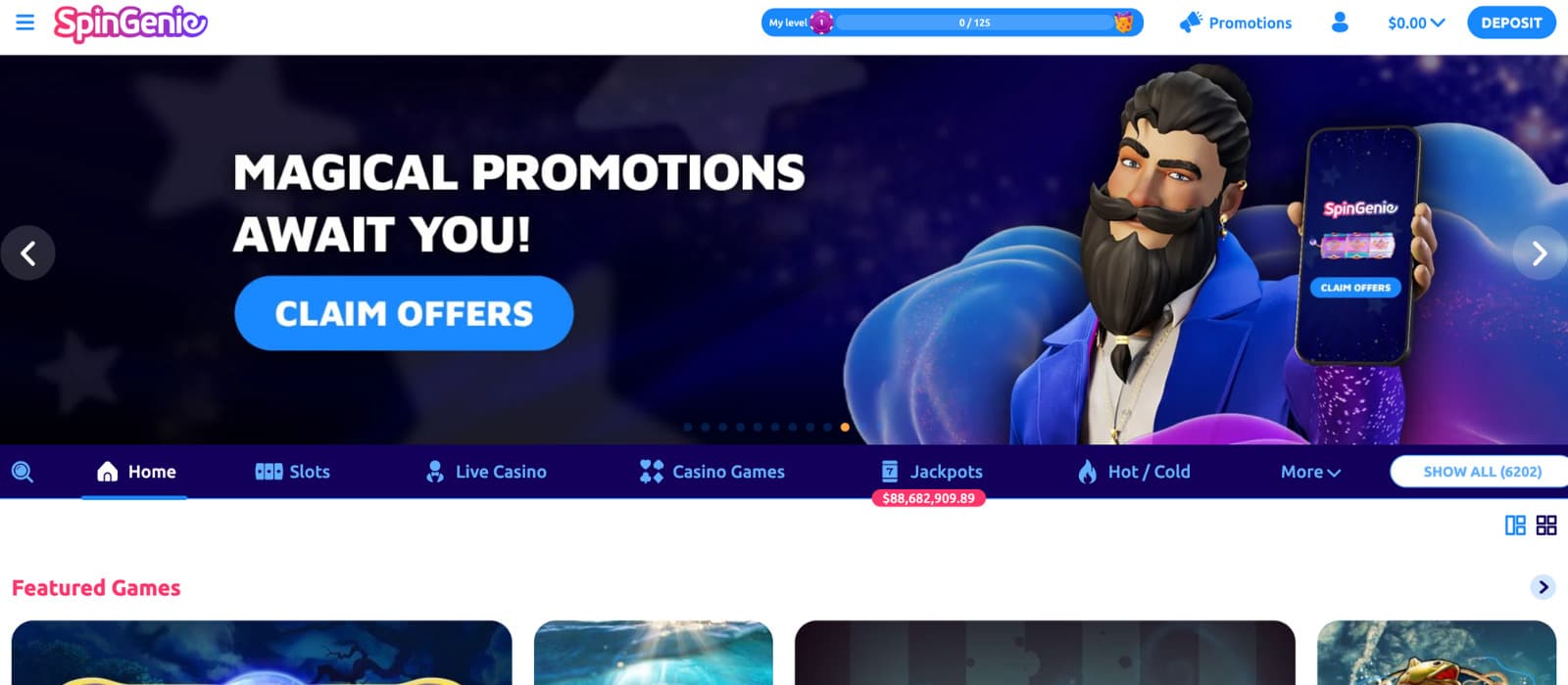 SpinGenie Casino landing page showing the main promotional banner, game navigation, jackpot total, and featured games.