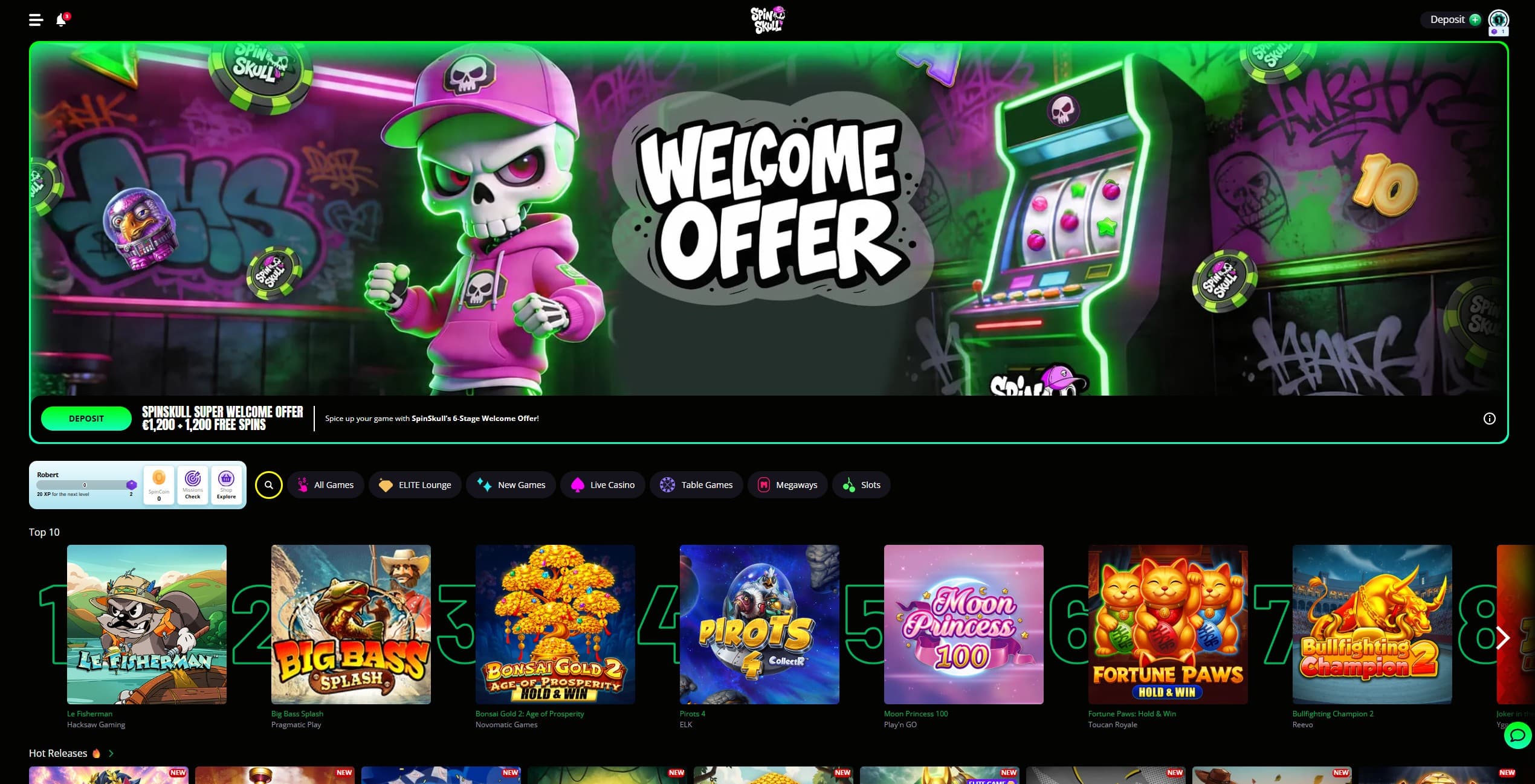 SpinSkull Casino Landing Page showing the welcome offer and a few games