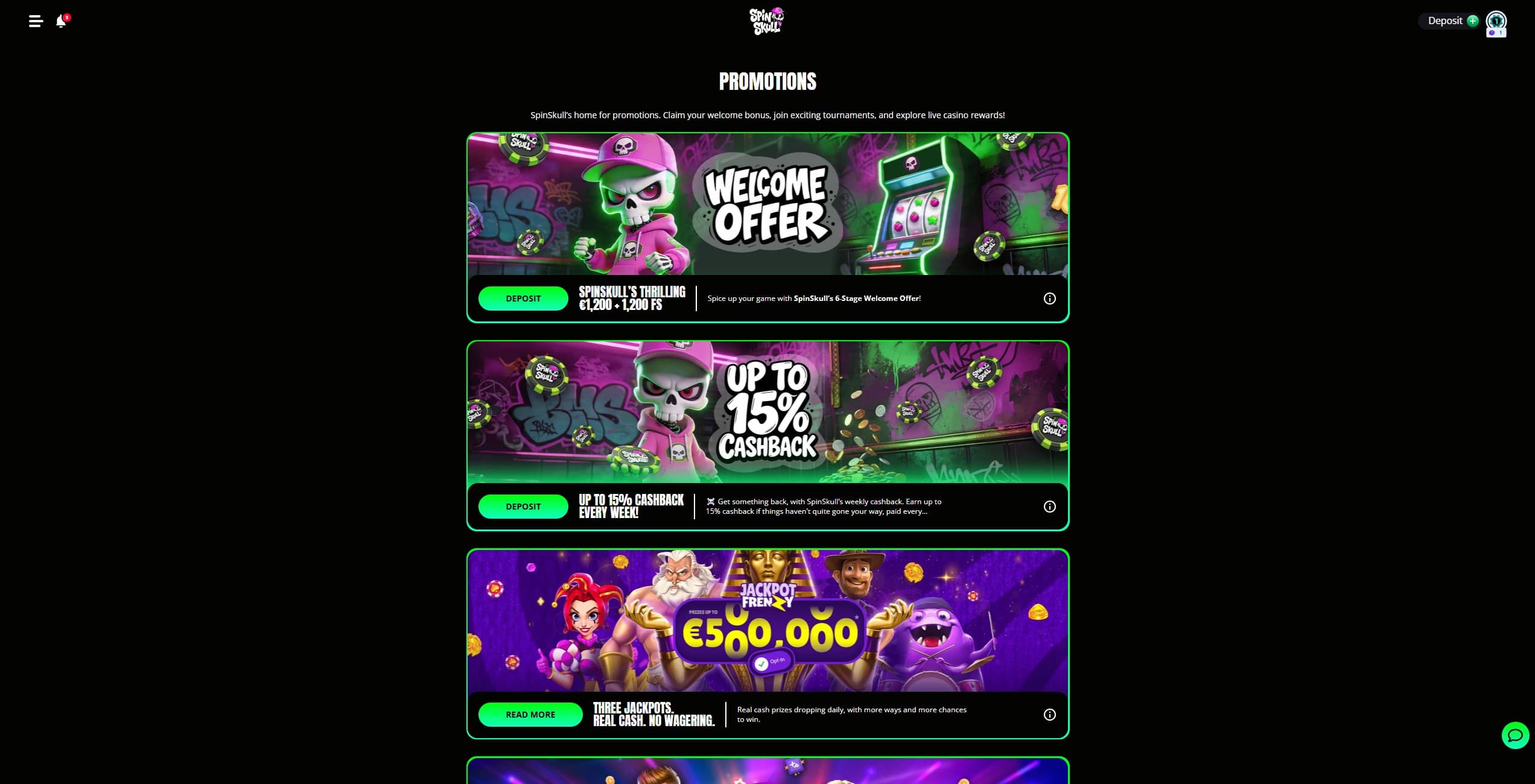 SpinSkull Casino Promotions Page showing the available bonuses and promotions