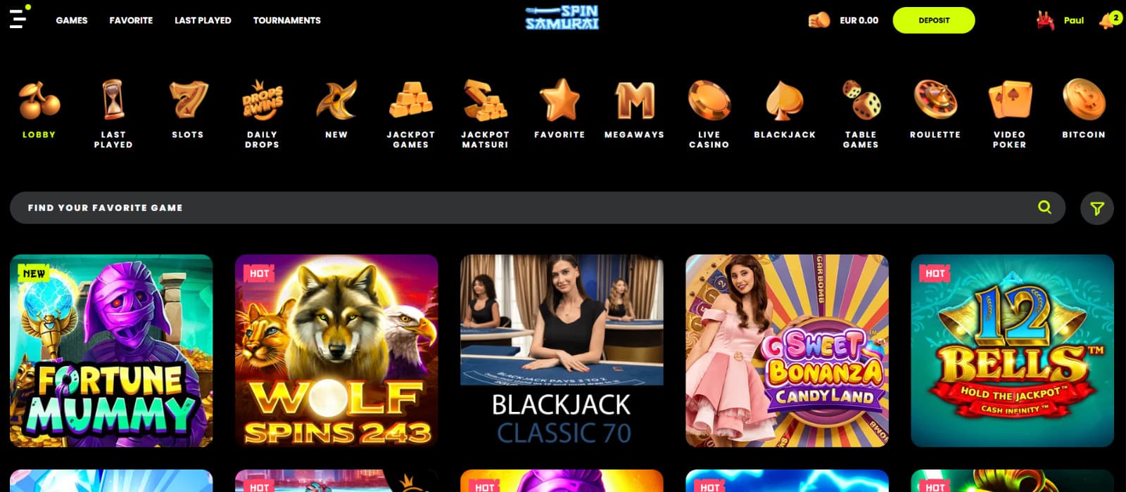 SpinBetter games page featuring a large grid of slot titles such as Crash, Crystal, Western Slot, Burning Hot, Vampire Curse, and Gems Odyssey. Filters like All Games, Favourites, Slots, Dice, and Lotteries appear at the top for easy sorting.