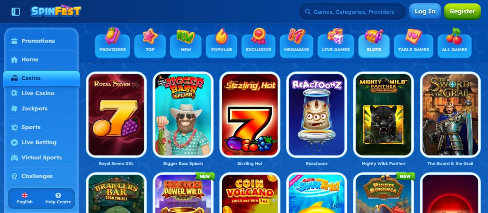 Spinfest Casino games page with the colorful slot game icons, game categories above and left side navigation menus with a blue background