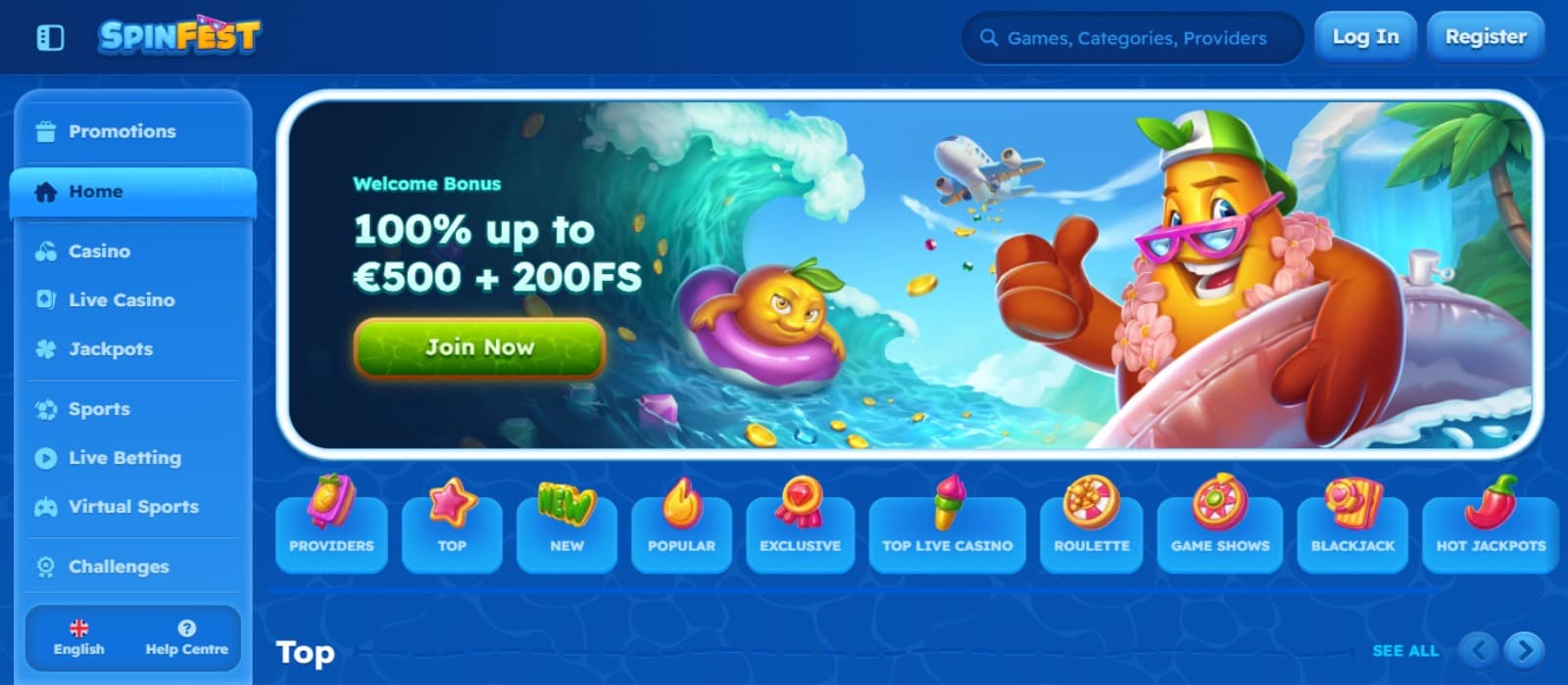 Spinfest Casino Landing Page showing the welcome bonus offer banner with animated human like fruits, game categories below and left side bavigation panel