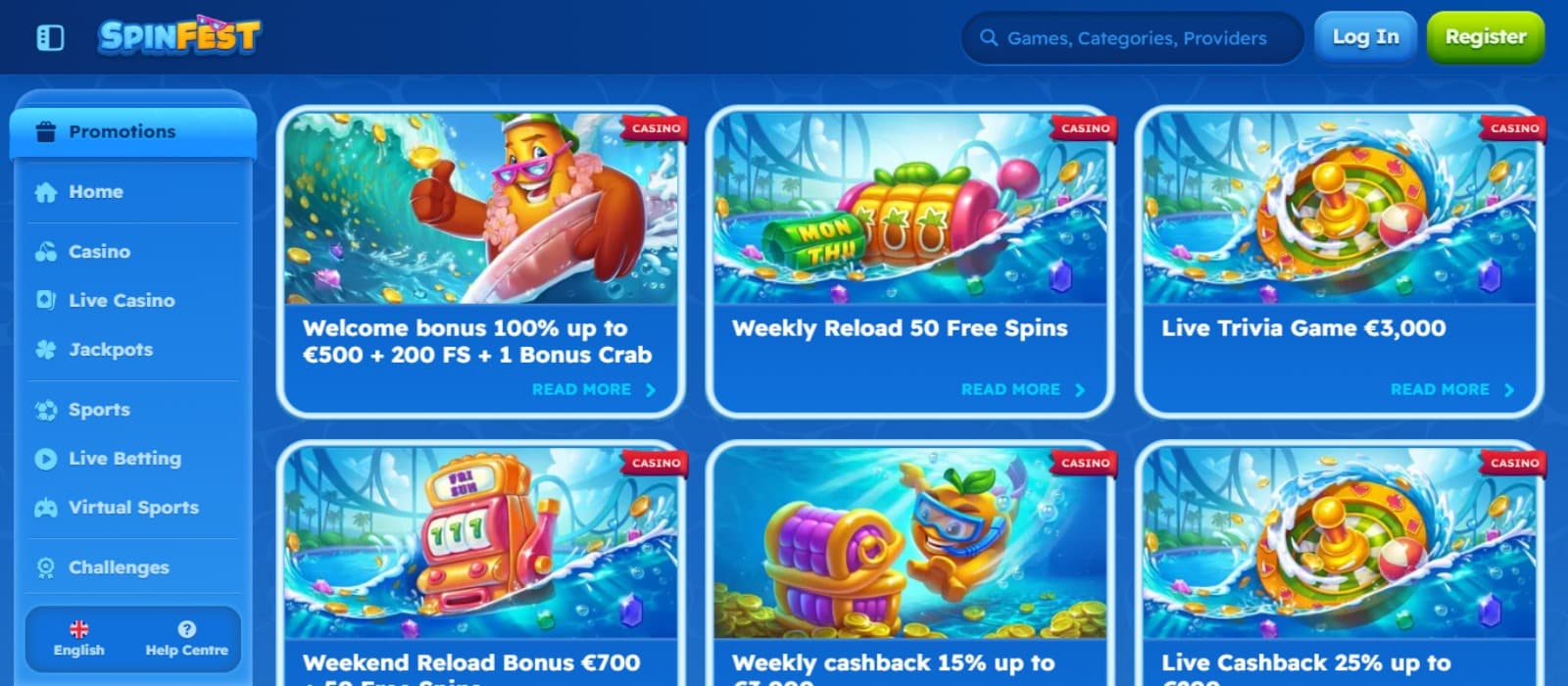 Spinfest Casino promotions page with the various bonus offer banners and left navigation menus