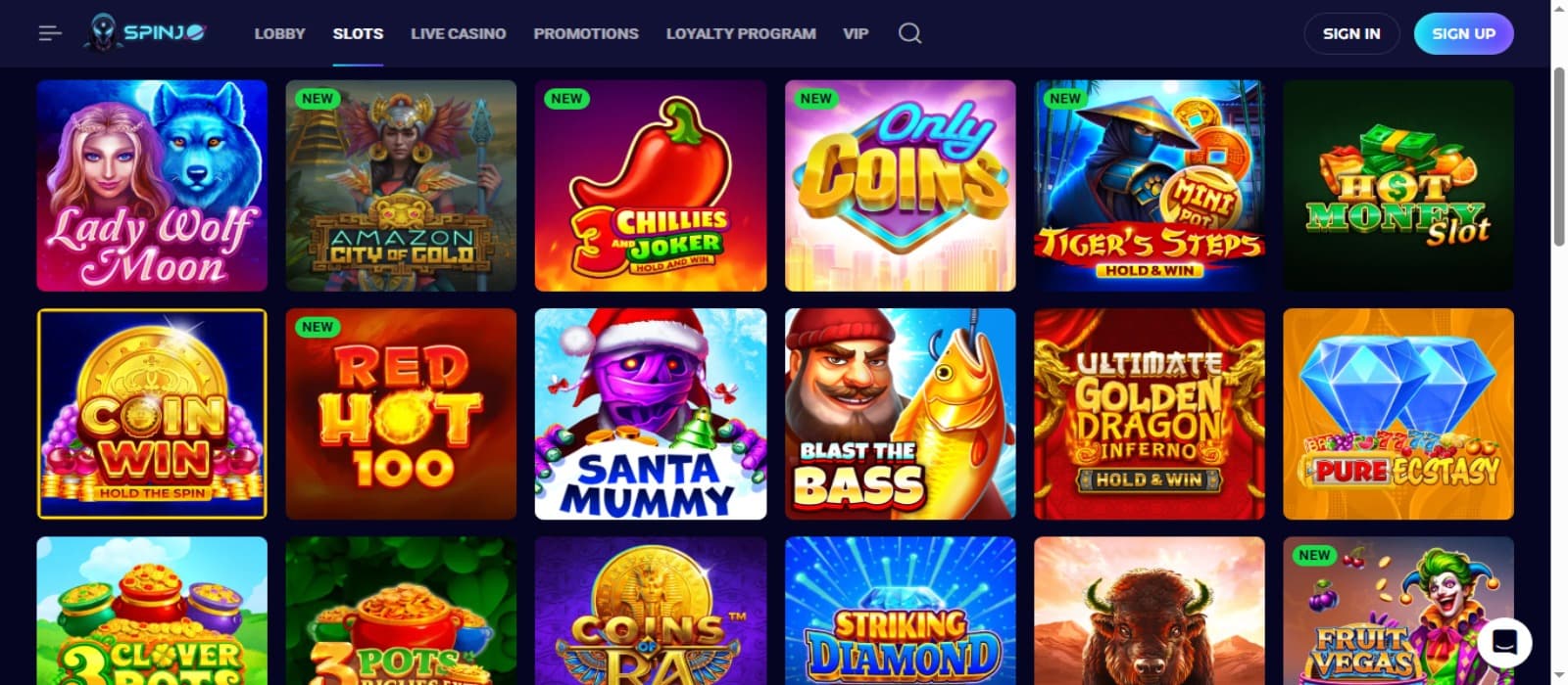 Spinjo Casino games page with the colorful slot game icons and top navigational menus