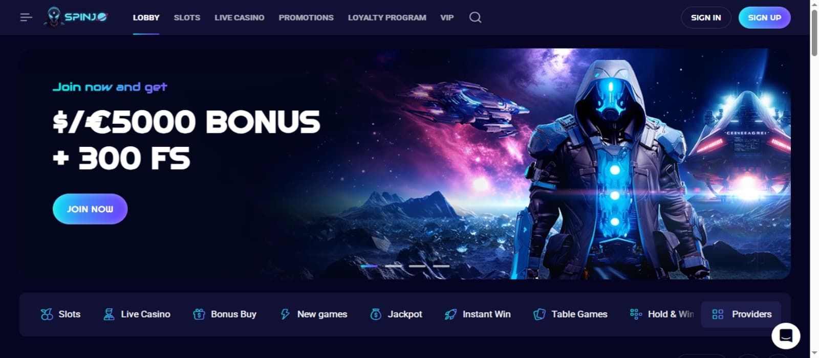 Spinjo Casino landing page with the welcome bonus offer banner illustrating a futuristic robot, top navigational menus and game categories below with blue background