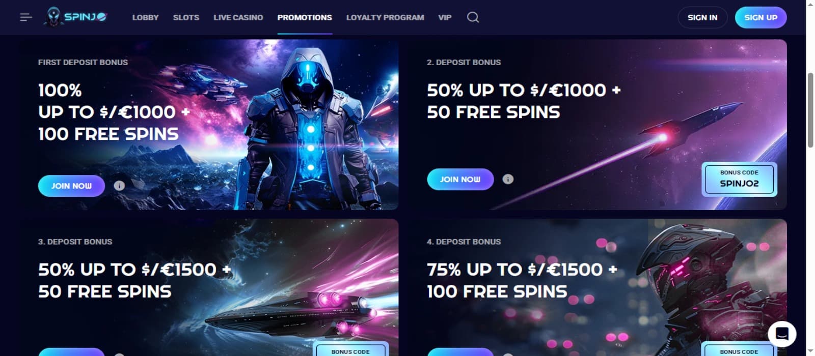 Spinjo Casino promotions page with the various offer banners and top navigational menus