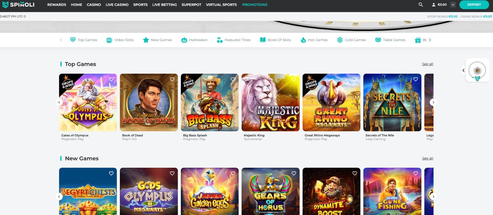 Spinoli Casino's top games page, showing impressive titles, such as Majestic King slot and other games.