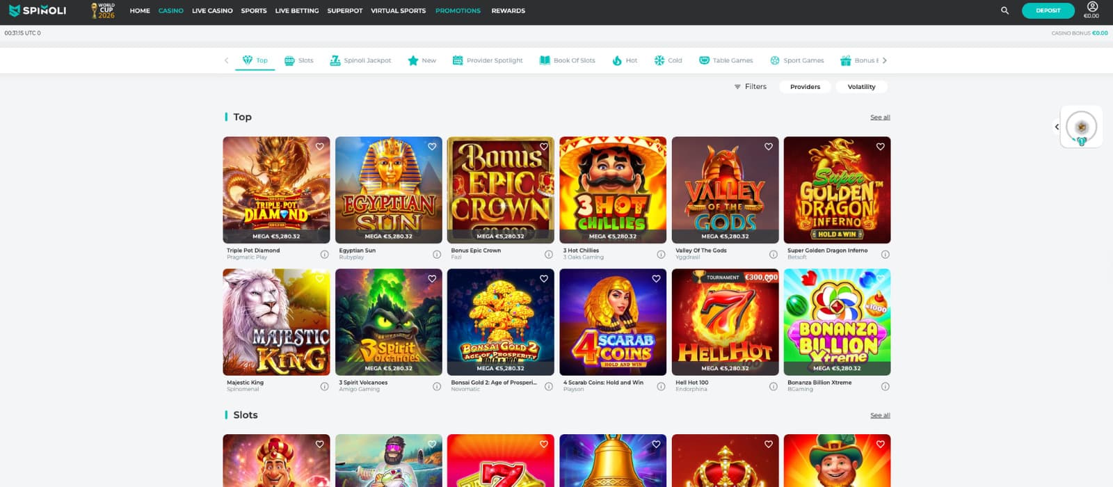 Spinoli Casino games page displaying a selection of slot titles from multiple providers, with category filters, provider filters, volatility settings, and featured tournament games.