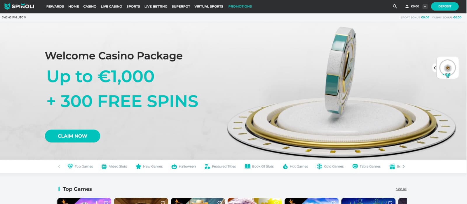 Spinoli Casino's homepage, showing the welcome package and a horizontal menu.