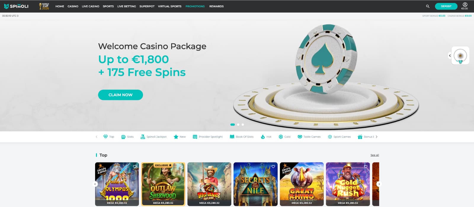 Spinoli Casino homepage featuring a welcome offer of up to €1,800 and 175 free spins, with quick access to slots, jackpots, provider spotlights, table games, and featured casino titles.