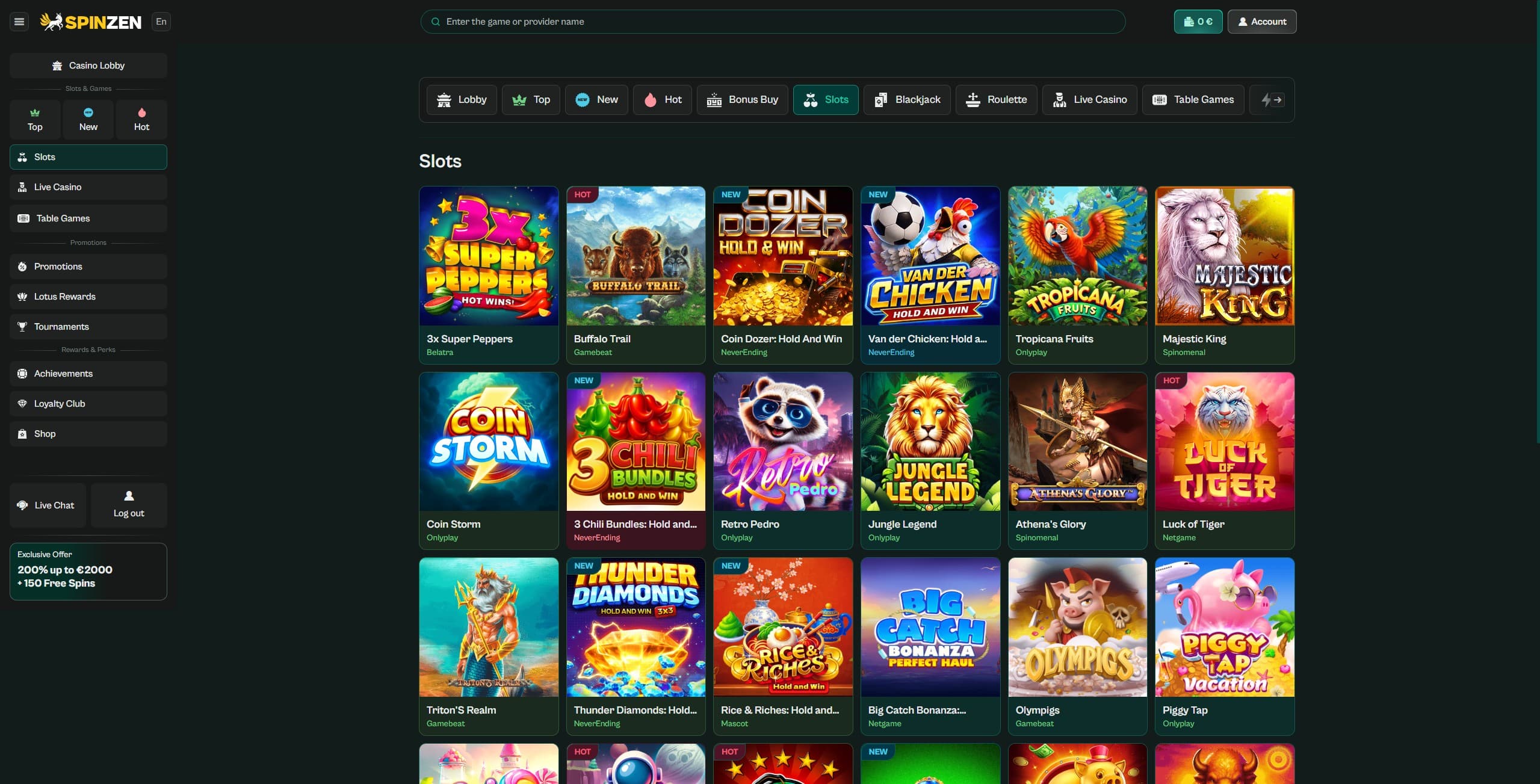 Spinzen Games Page showing a selection of slot games