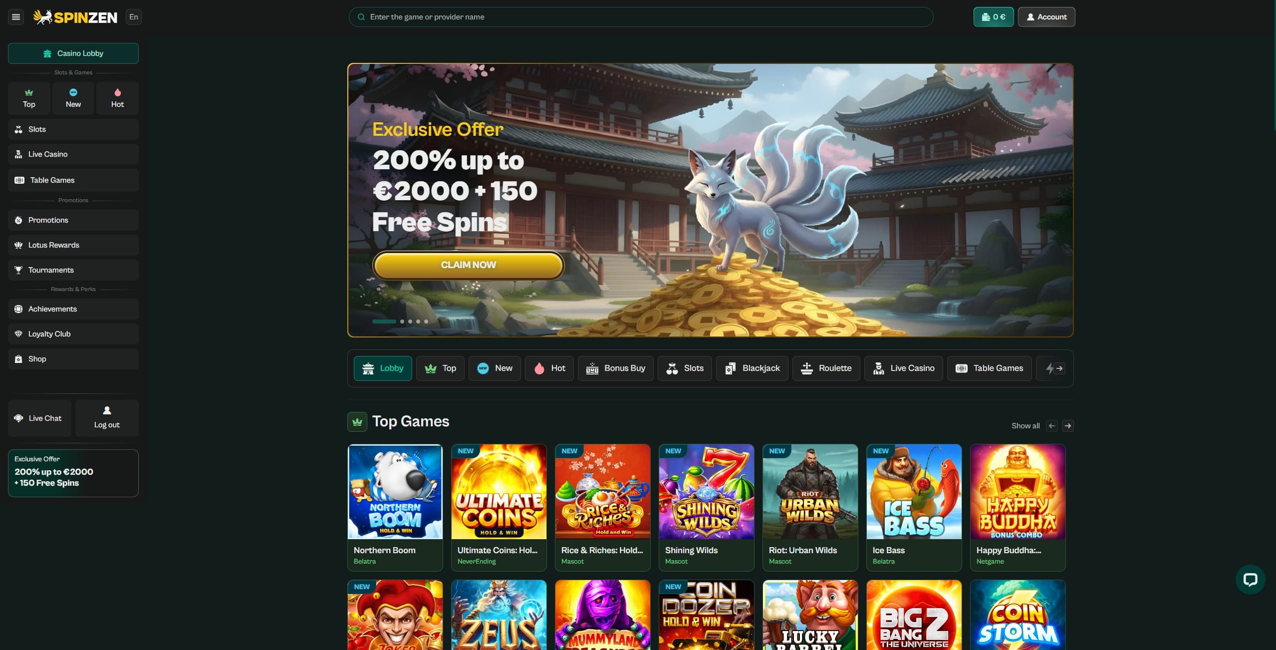 Spinzen landing page showing a selection of slot games and the main menu