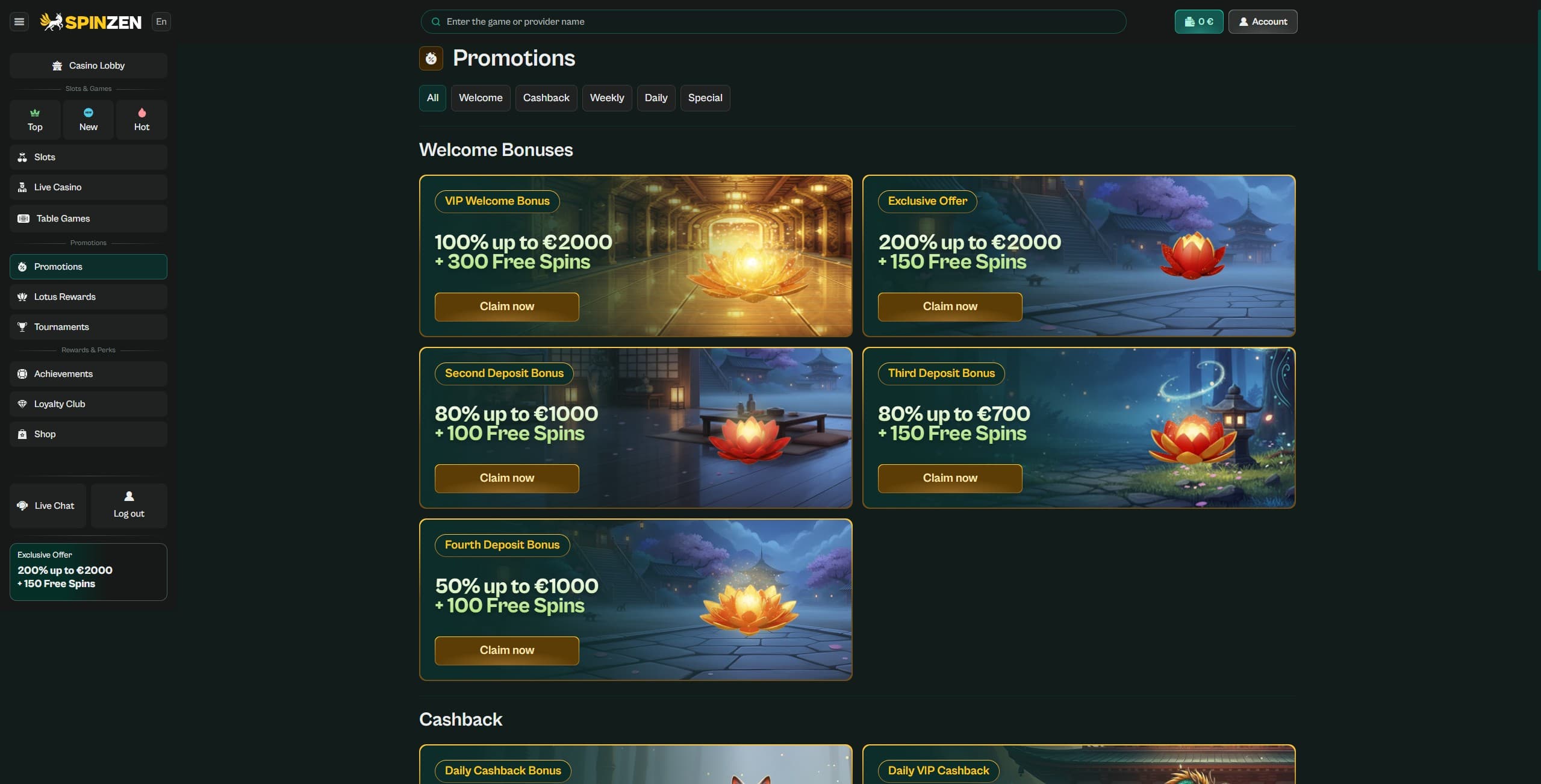 Spinzen Promotions Page showing the available bonuses and promos