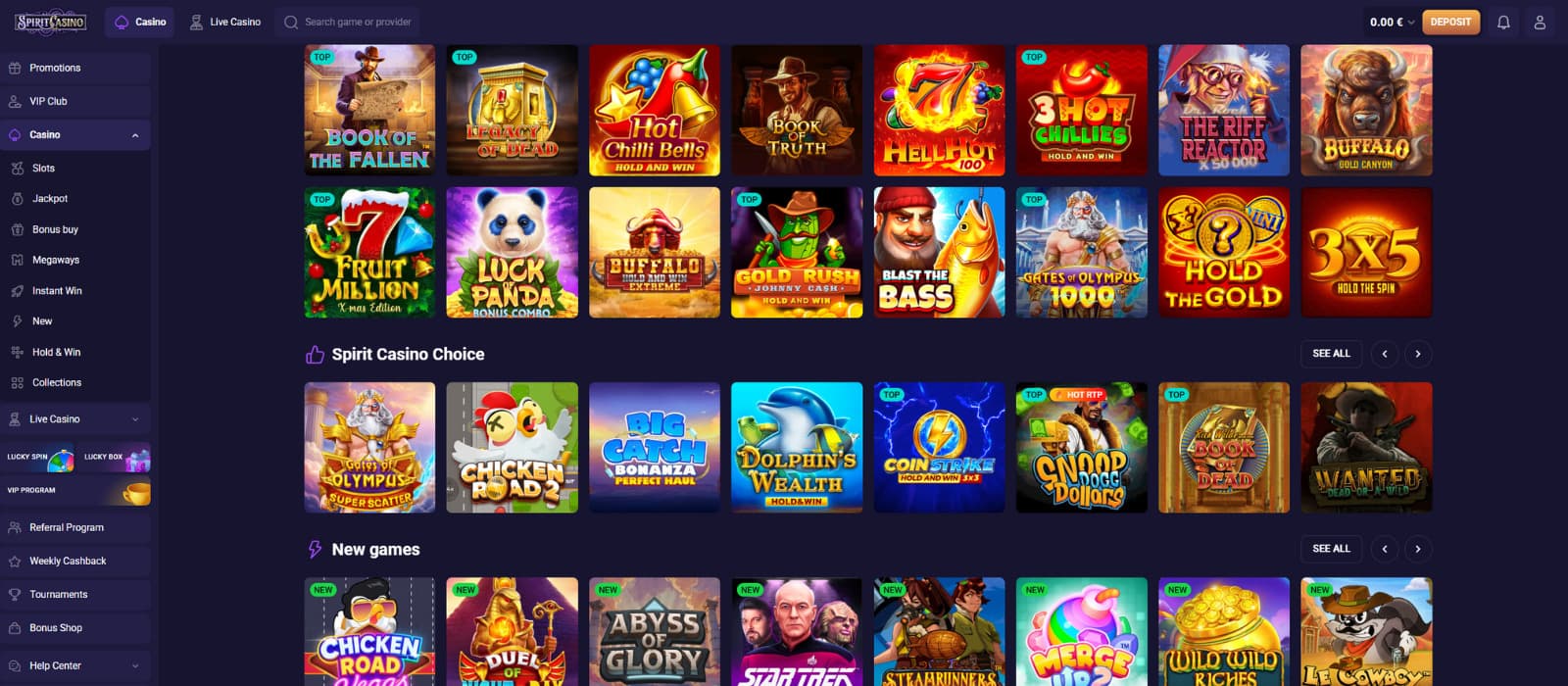 Spirit Casino promotions page showing the four part welcome package with bonus codes Spirit, Ghost, Buster, and Haunt, including deposit bonuses and free spins.