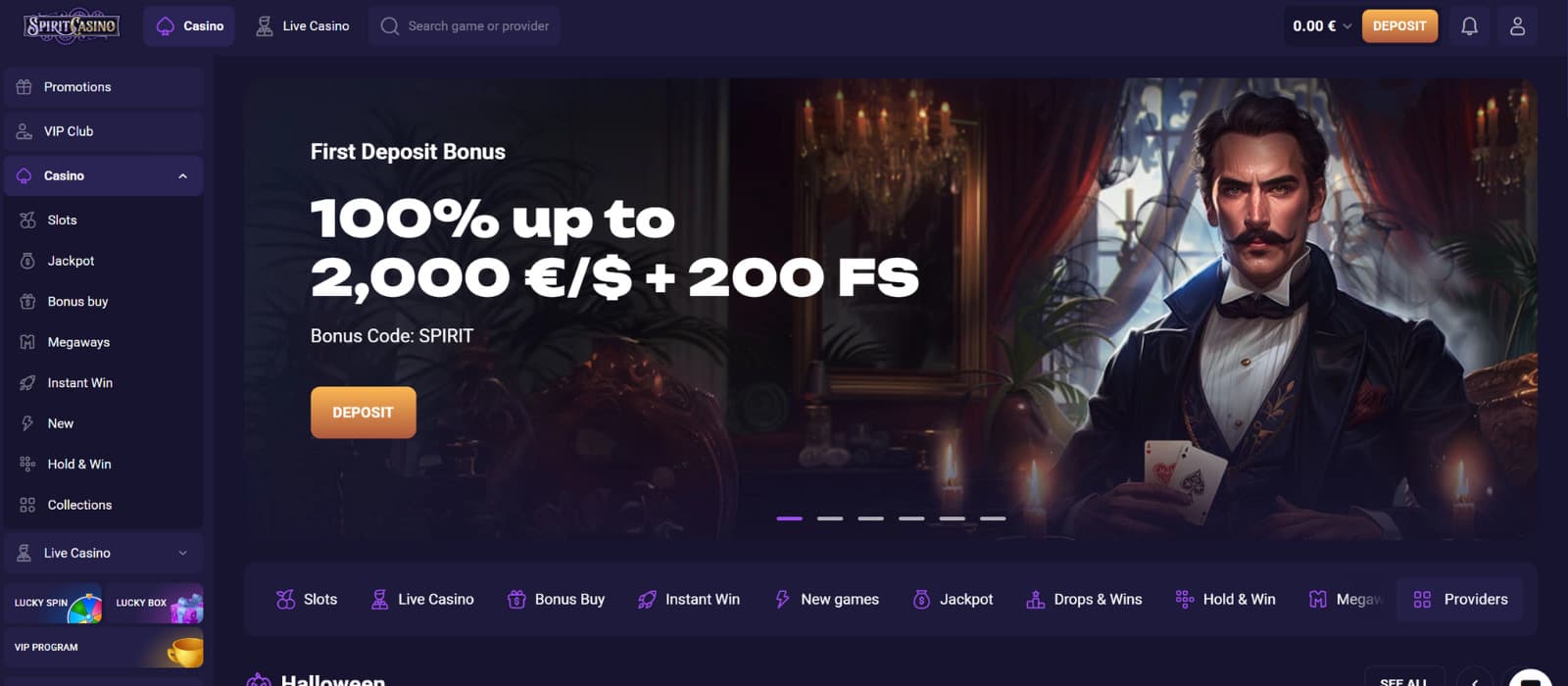 Spirit Casino landing page showing the first deposit bonus banner with a 100 percent bonus up to 2,000 euros and 200 free spins, alongside the main navigation menu and a character artwork.