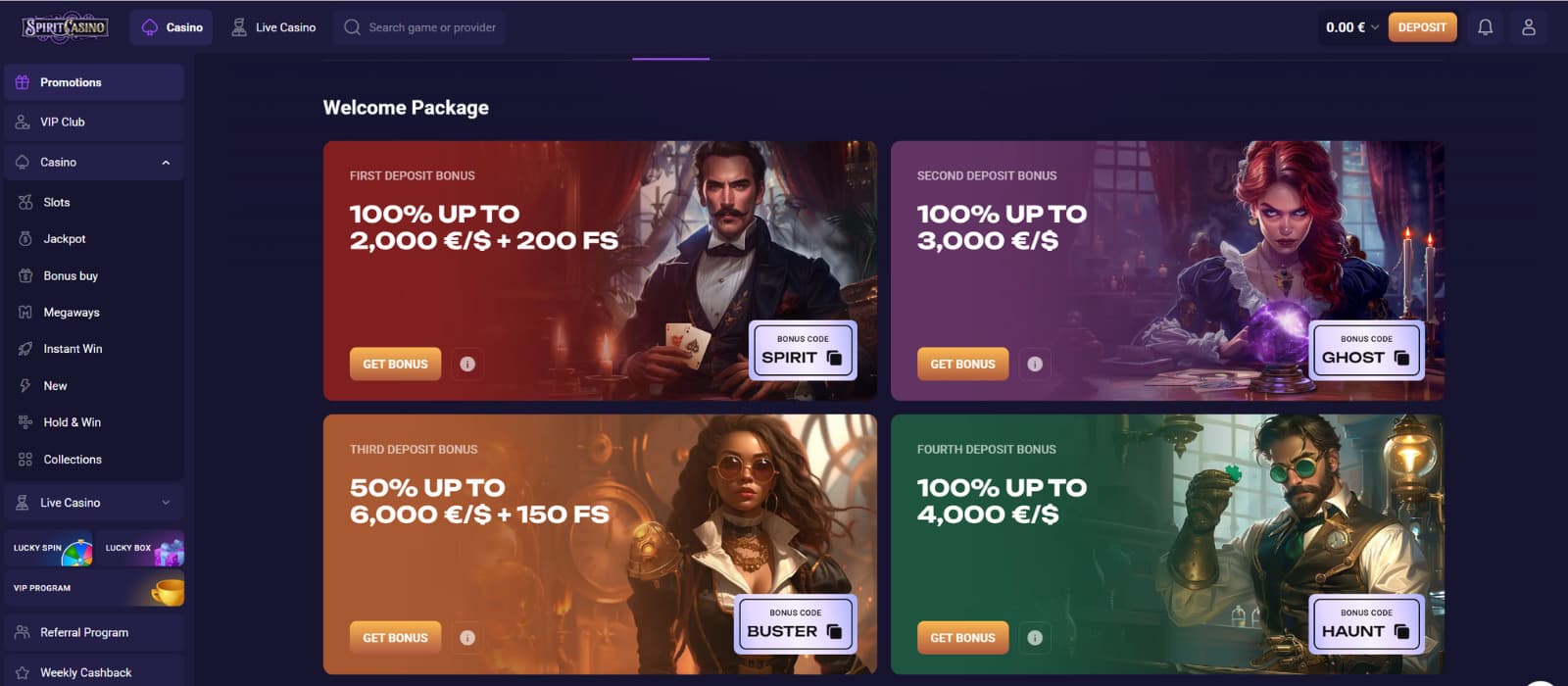 Spirit Casino games page displaying top slot titles, Spirit Casino Choice selections, and new games with browsing categories listed on the left menu.