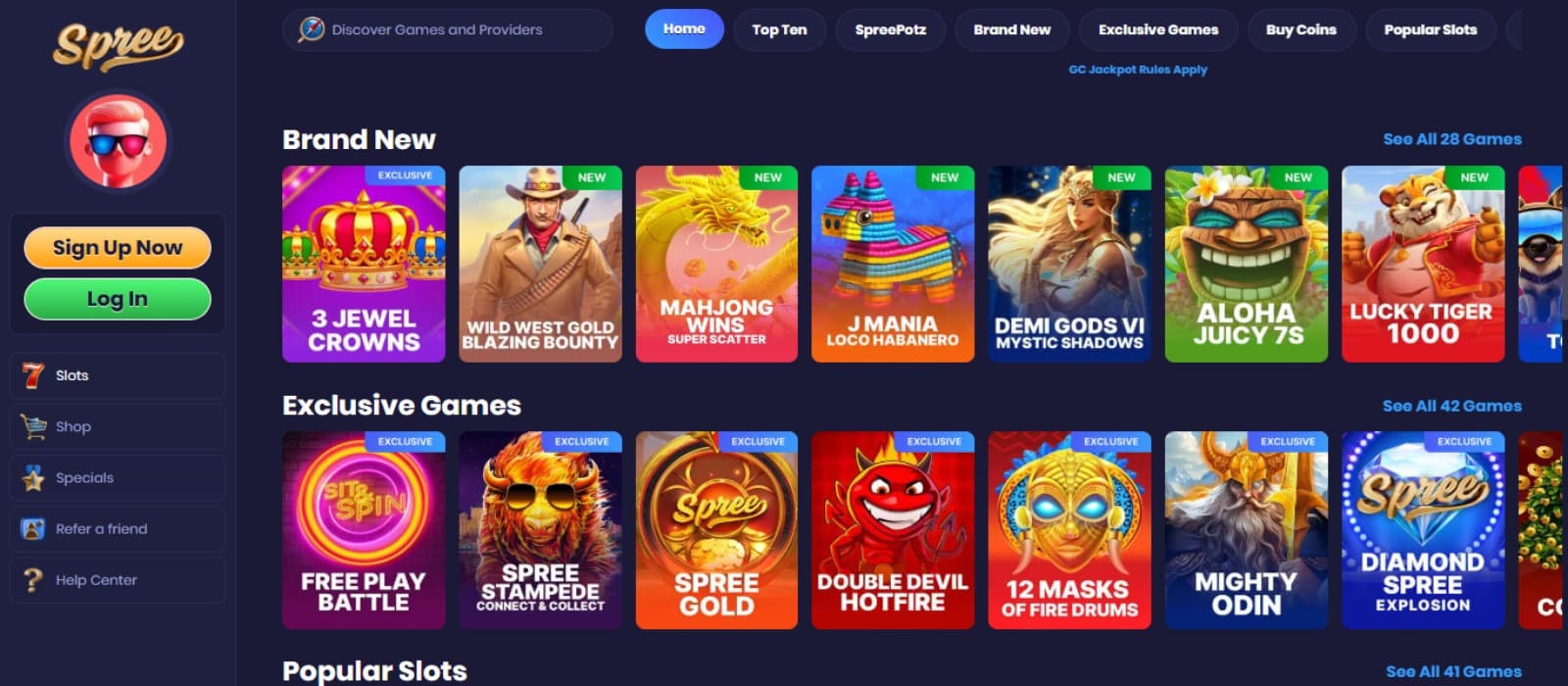 Spree Casino games page with the colorful slot game icons and side navigational menus