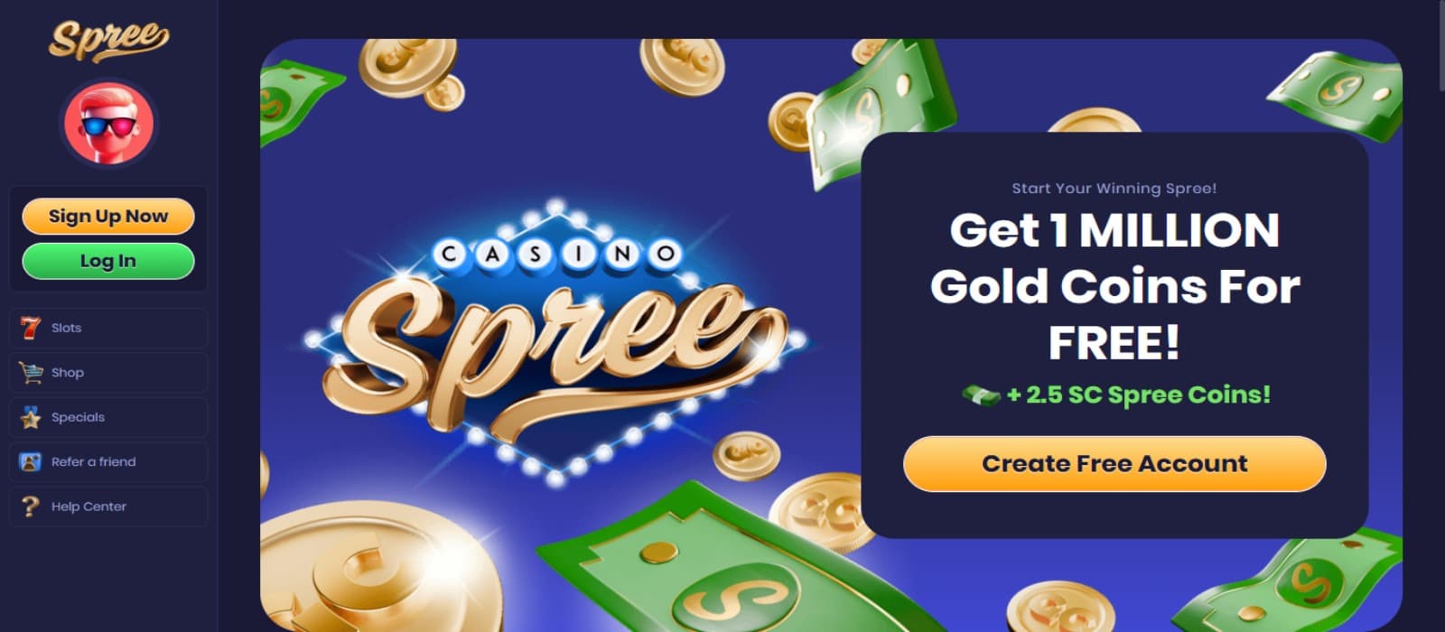 Spree Casino landing page with the welcome bonus offer banner and side navigational panel