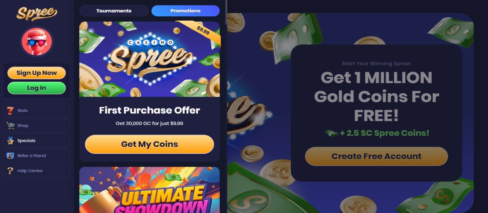 Spree Casino promotions page with the first purchase offer banner and side navigation menus