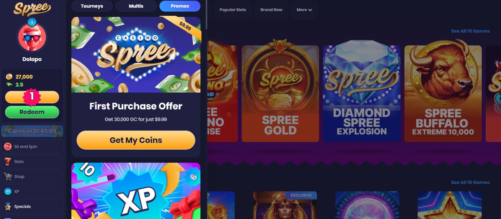 Spree Casino games page highlighting Spree Signature slot titles including Catsino Spree Royale and Diamond Spree Explosion