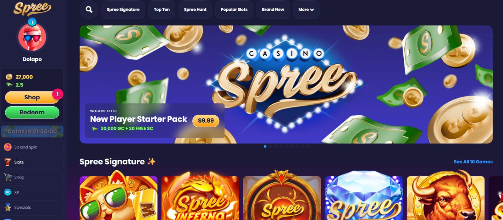 Spree Casino homepage displaying New Player Starter Pack banner, navigation tabs, and visible coin balances