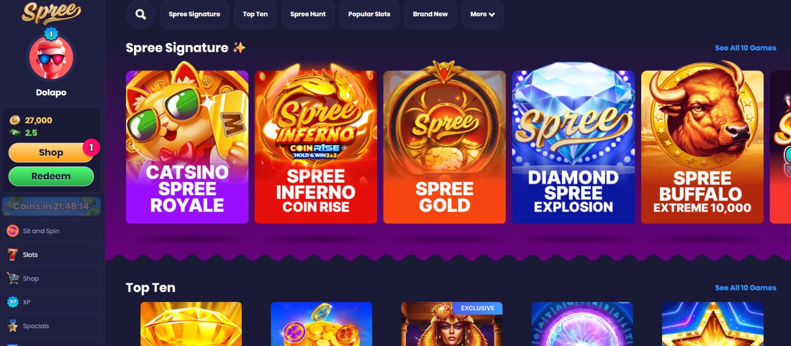 Spree Casino promotions page showing first purchase offer for 30,000 Gold Coins plus 30 Sweepstakes Coins for €9.99