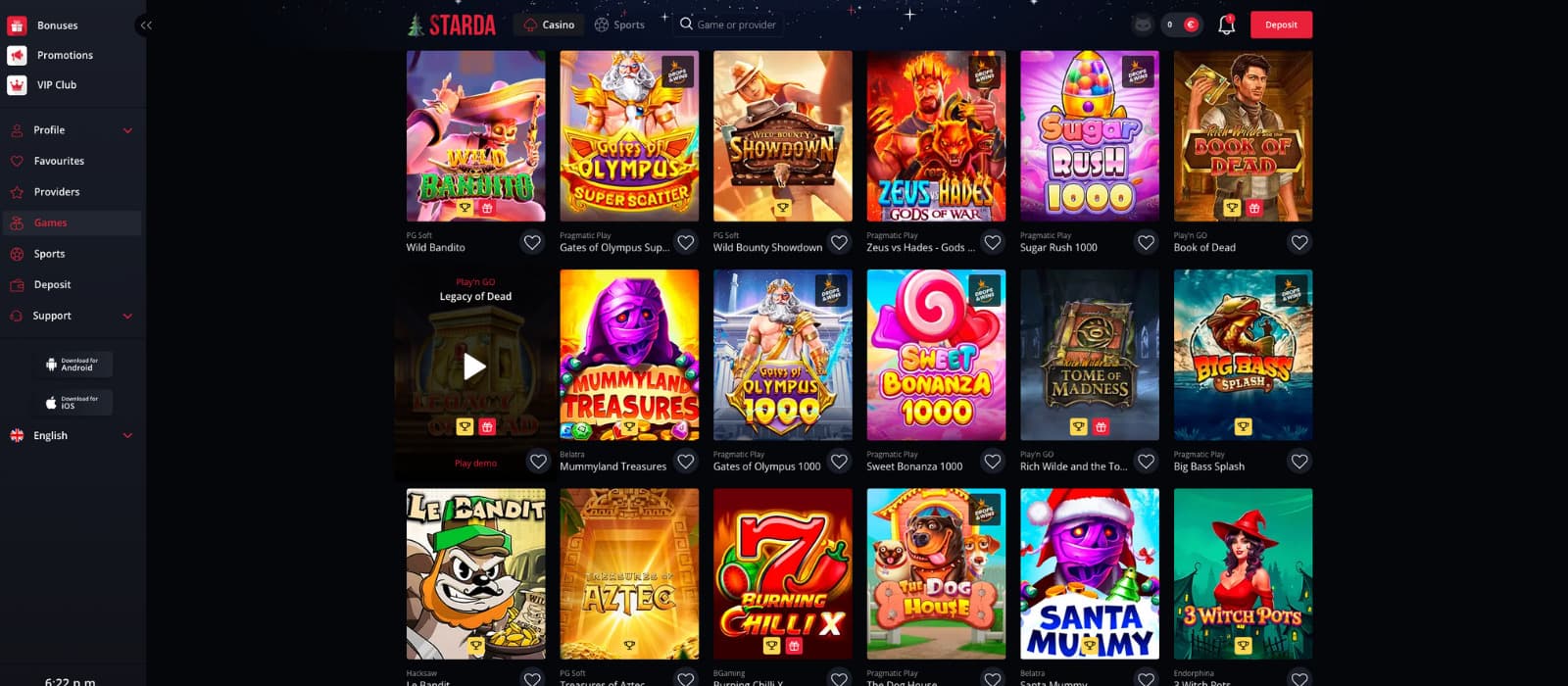 Starda Casino game page featuring popular slot titles like Gates of Olympus 1000, Sweet Bonanza 1000, Big Bass Splash, and Book of Dead.