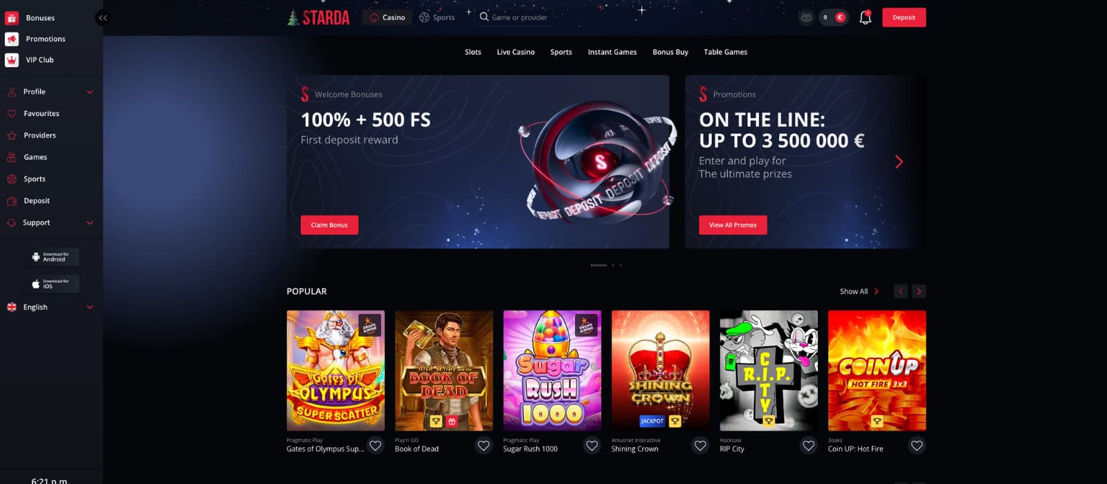 Starda Casino homepage showing the 100% welcome bonus with up to 500 Free Spins and a dark-themed casino interface.