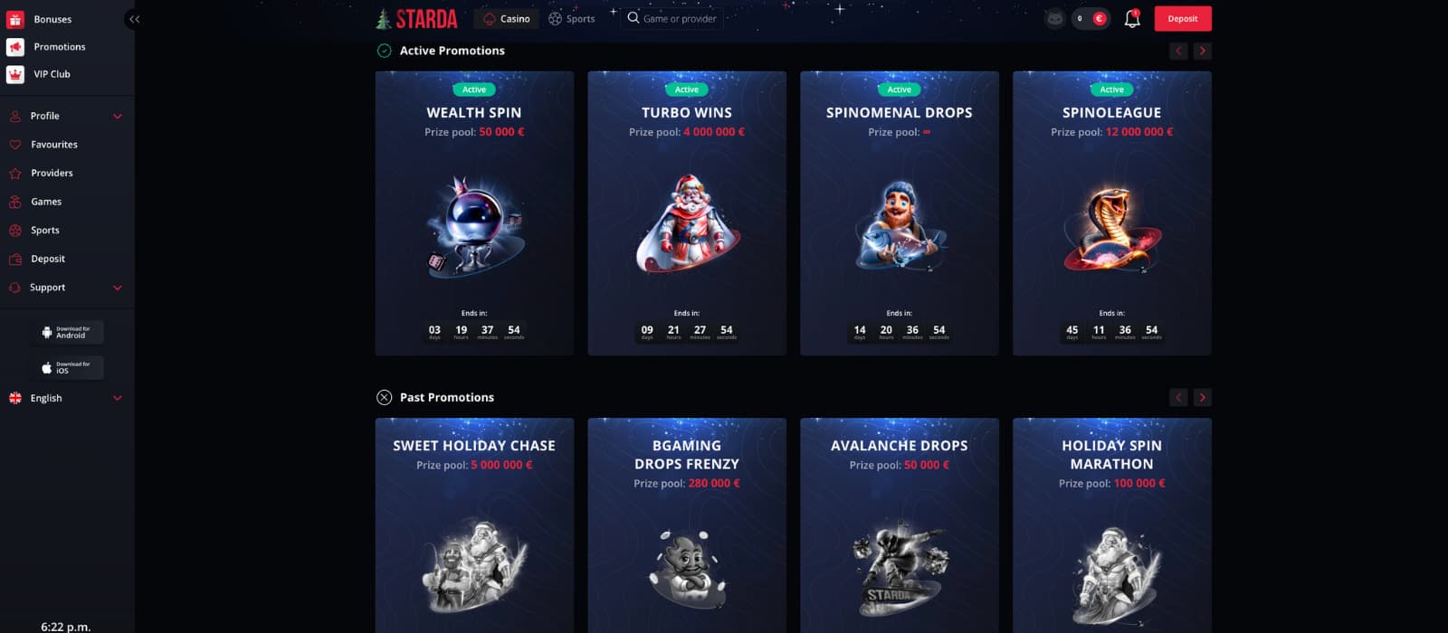 Starda Casino promotions page displaying active offers such as Wealth Spin, Turbo Wins, Spinomenal Drops, and Spinoleague prize pools