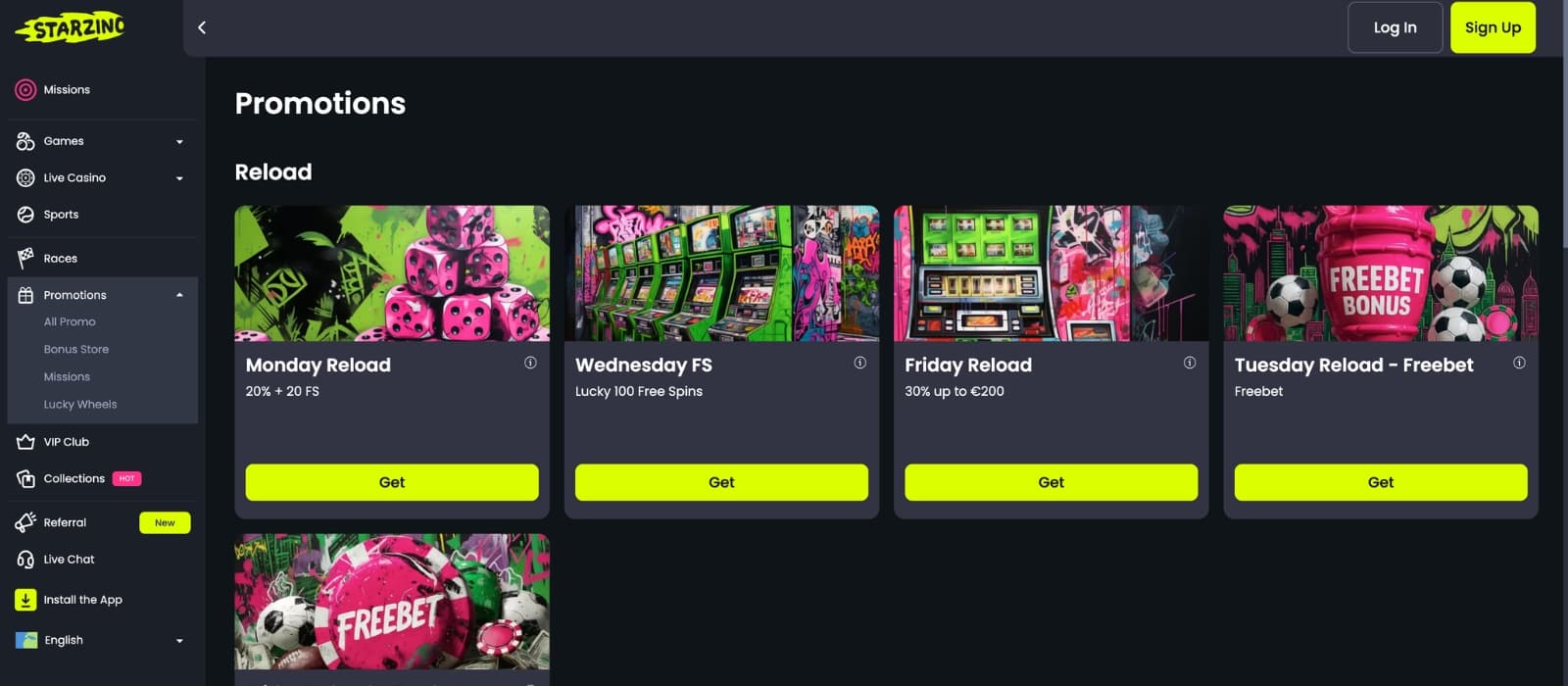 Starzino Casino bonus page displaying welcome bonuses, free spins offers, reload promotions, sportsbook rewards, and VIP benefits in a sleek dark-themed interface.