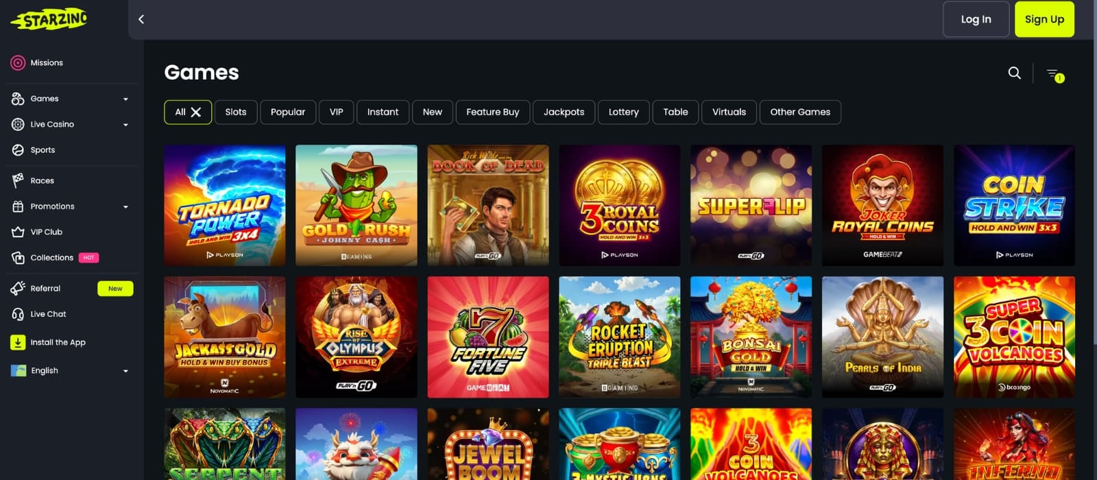 Starzino Casino game page showcasing online slots, live casino titles, and featured games with colorful thumbnails, provider filters, search functionality, and category navigation.