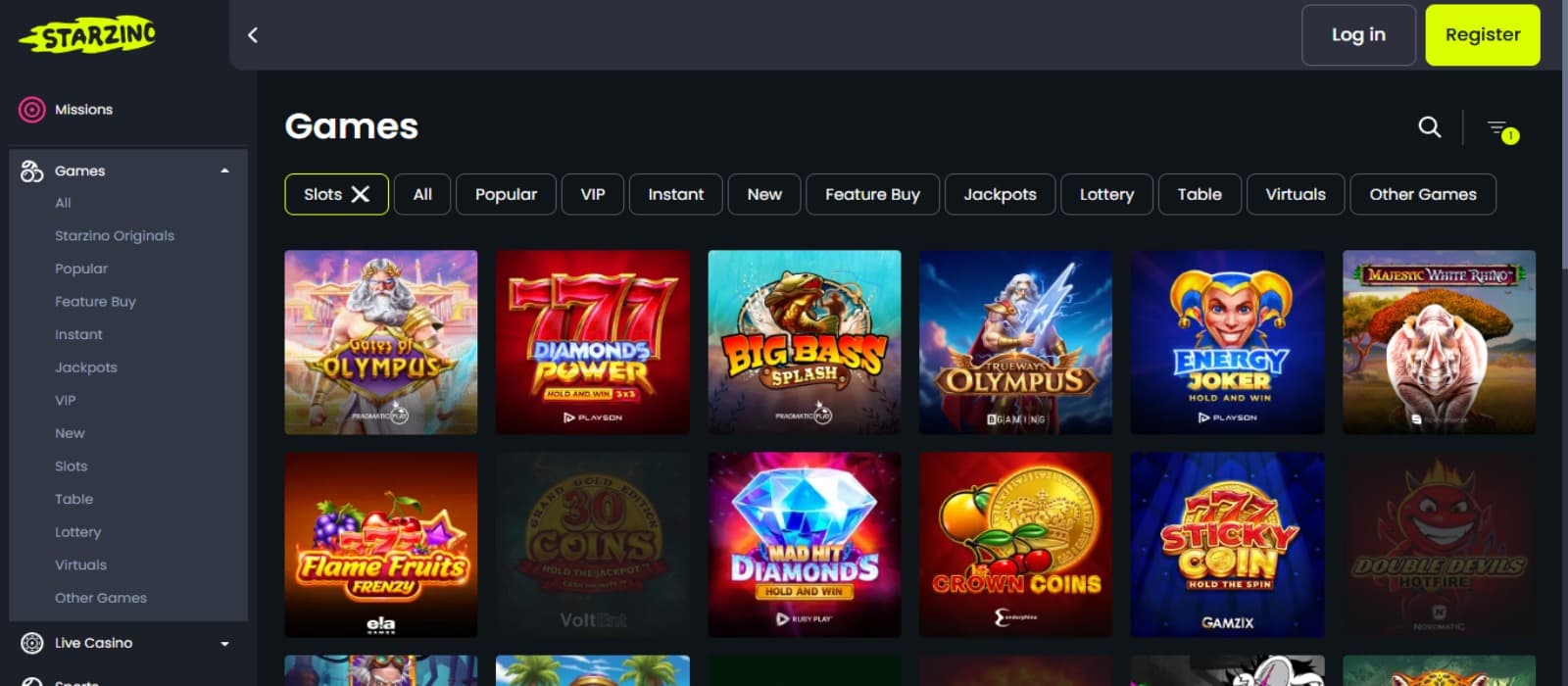 Starzino Casino games page with the colorful slot game icons, side navigation menus and game categories at the top