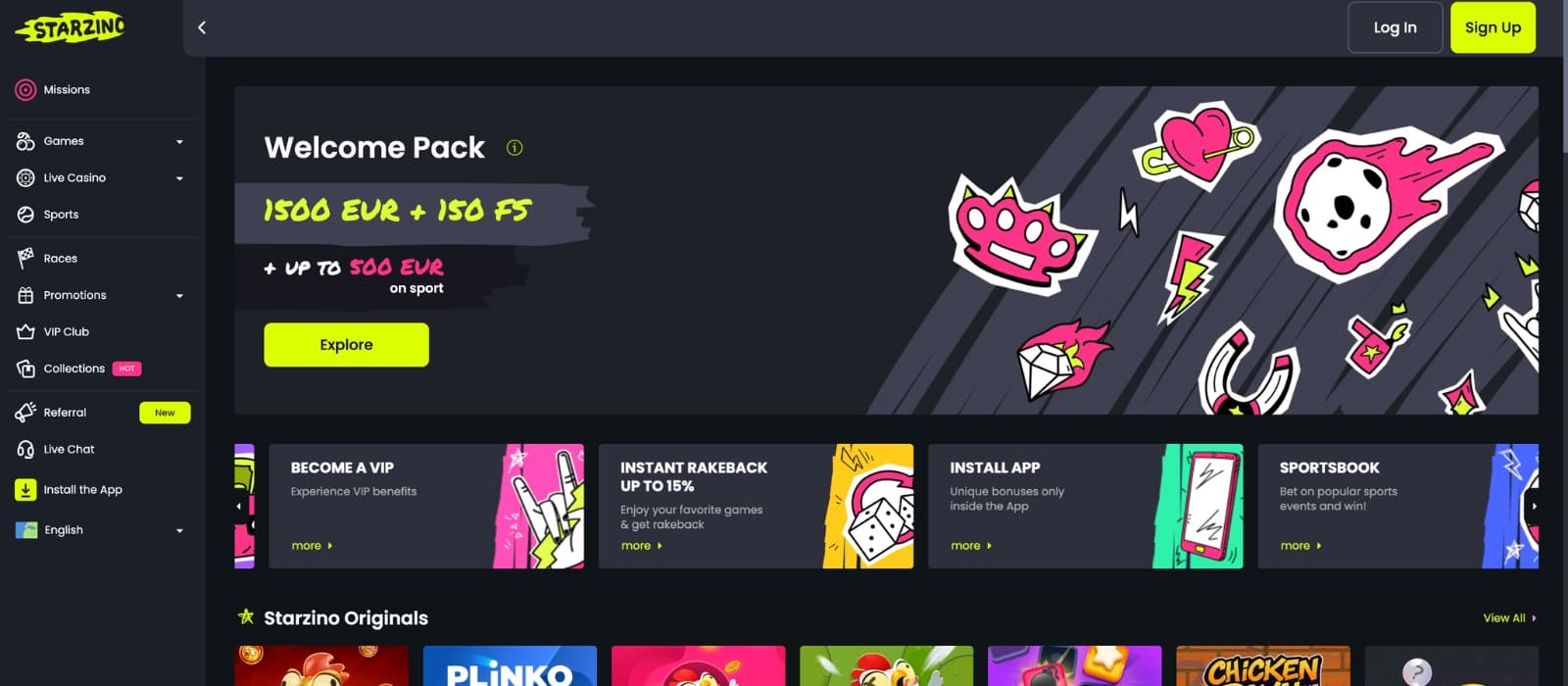Starzino Casino homepage featuring a modern sportsbook-inspired design with promotional banners, featured casino games, sports betting highlights, and navigation for casino and sportsbook sections.