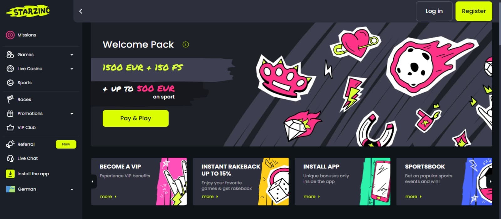 Starzino Casino landing page with the welcome bonus and other offer banners and side navigation panel