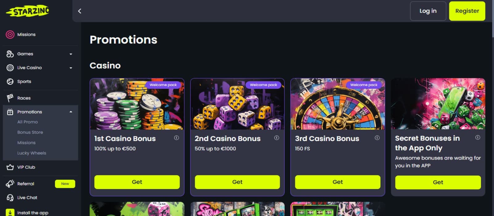 Starzino Casino promotions page with the various welcome bonus offer banners and side navigation panel
