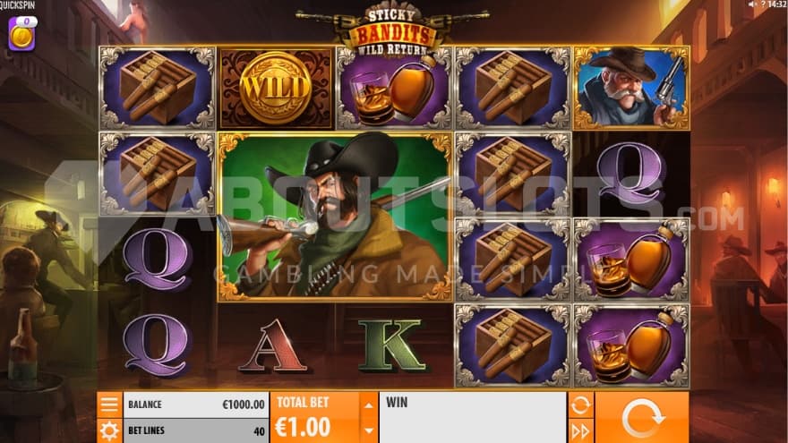 Playing grid set inside a saloon with a big cowboy symbol on the reels